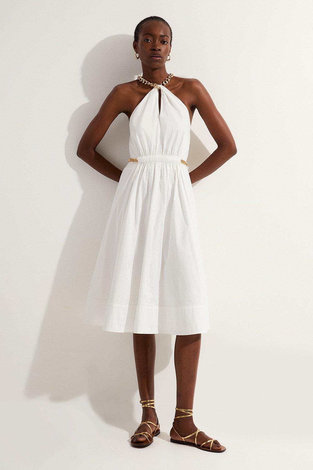 White Cotton Poplin Chain Halter Midi Dress
