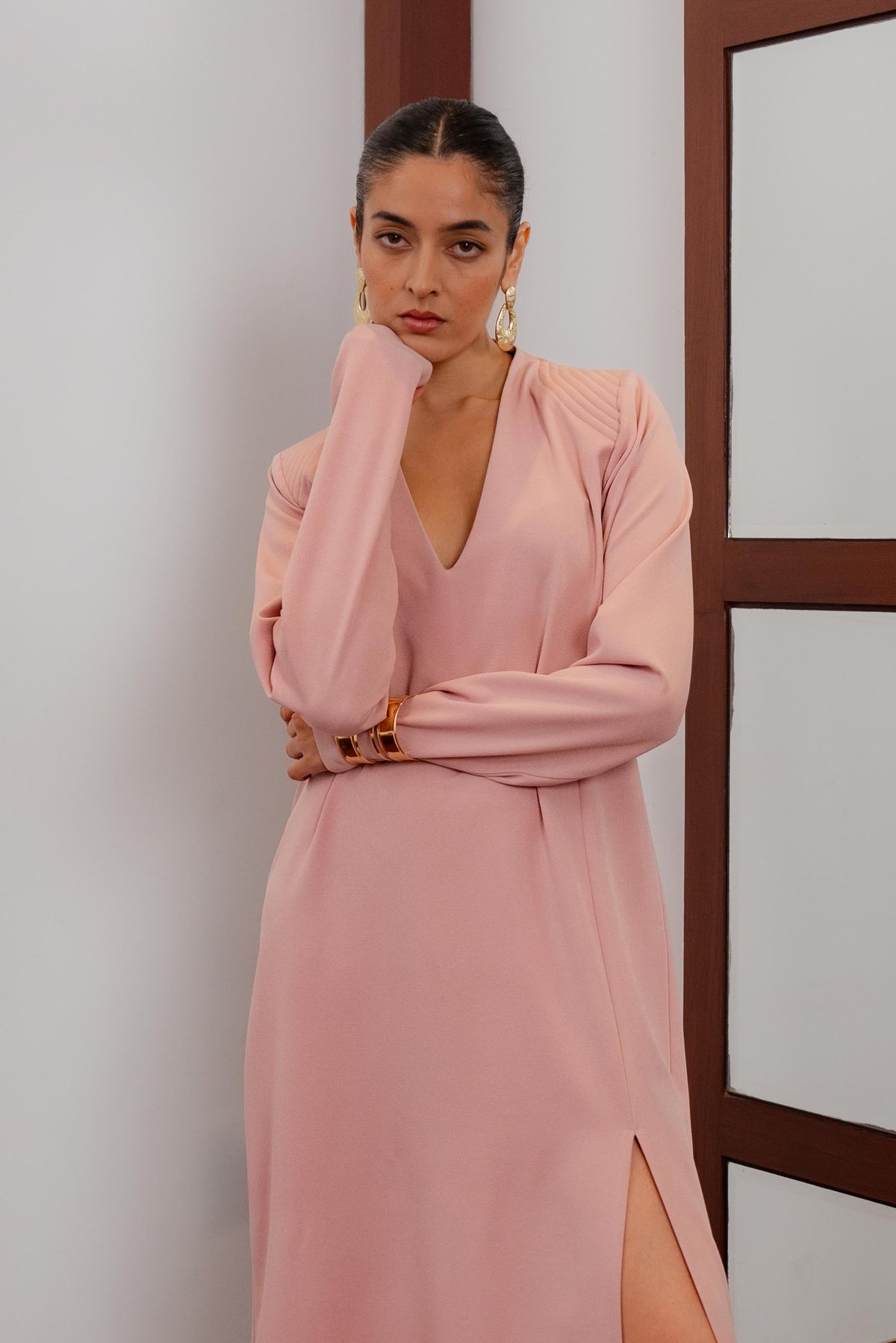 Dusky Pink Crepe Maxi Dress with Plunging Neck and Slit