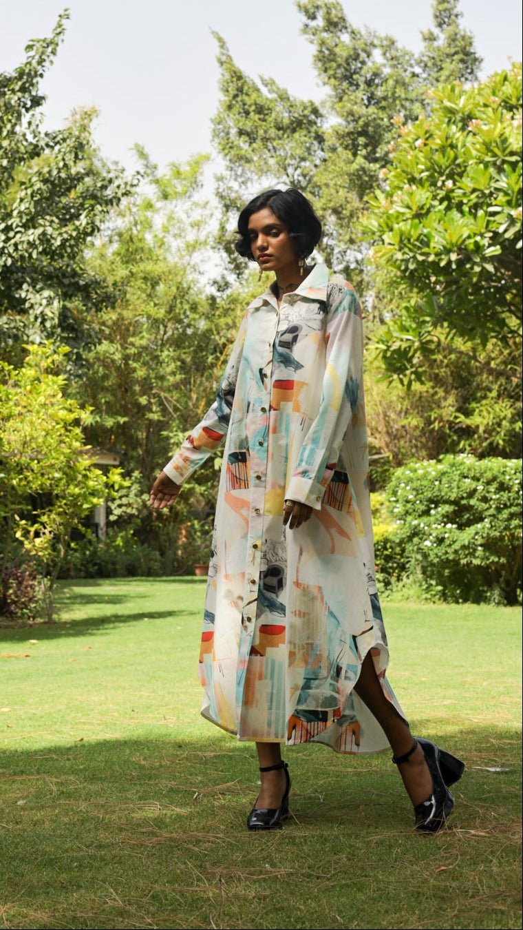 Multicolor Abstract Print Maxi Shirt Dress