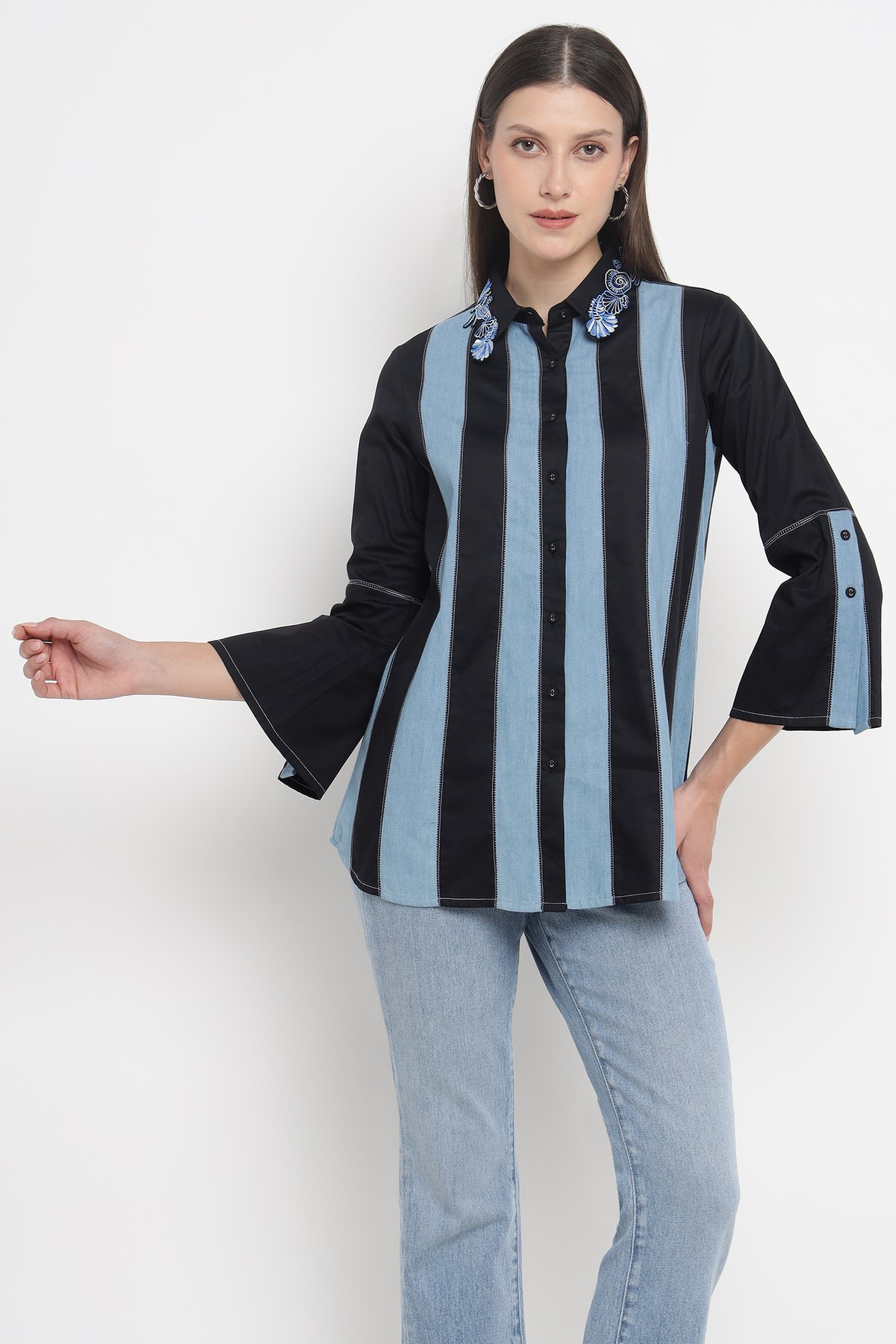 Black and Denim Blue Striped Shirt with Embroidered Collar