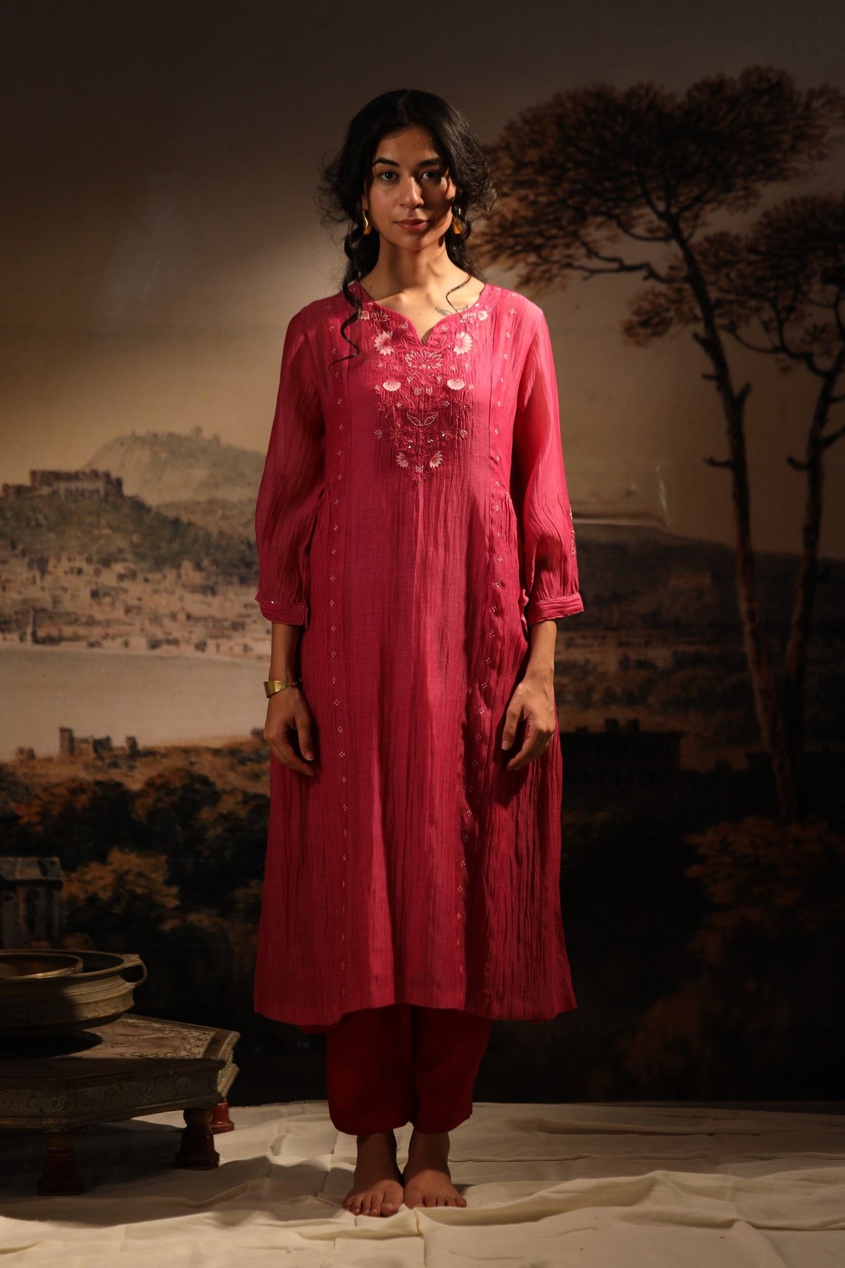 Hot Pink Embroidered Yoke Kurta Set with Pants and Slip