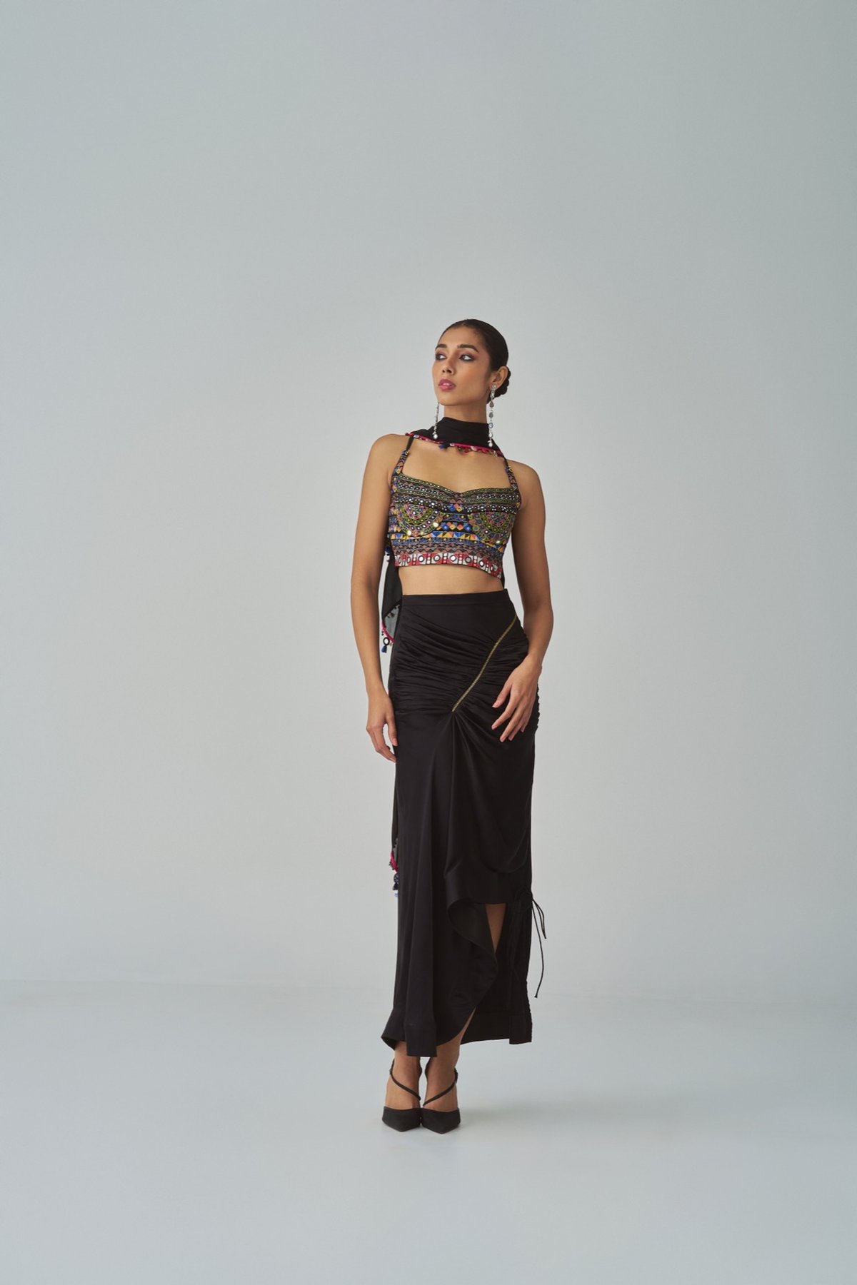 Black Silk Satin Asymmetric Midi Skirt with Zip Detail