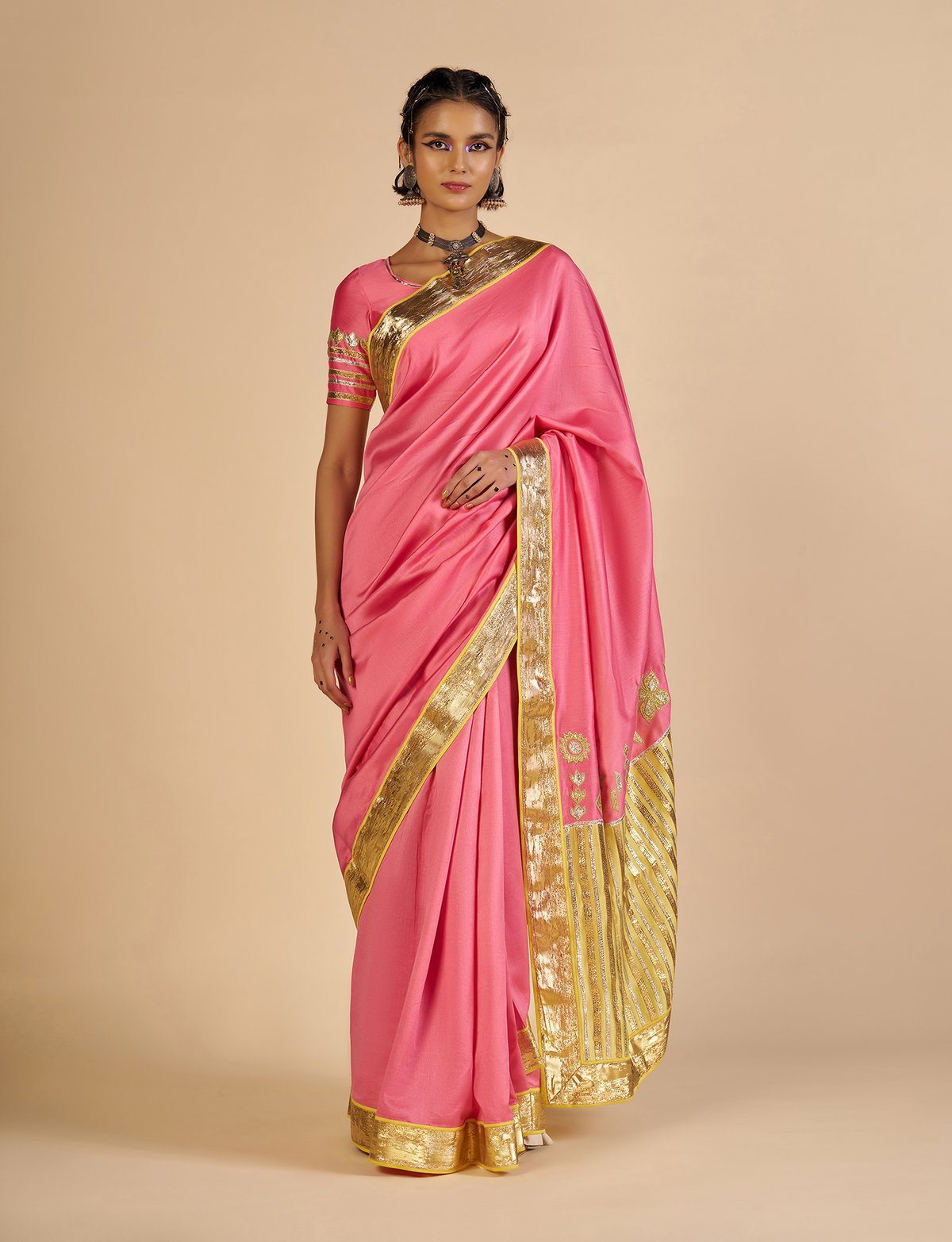 Pink Silk Chanderi Saree with Yellow Pallu and Gold Border