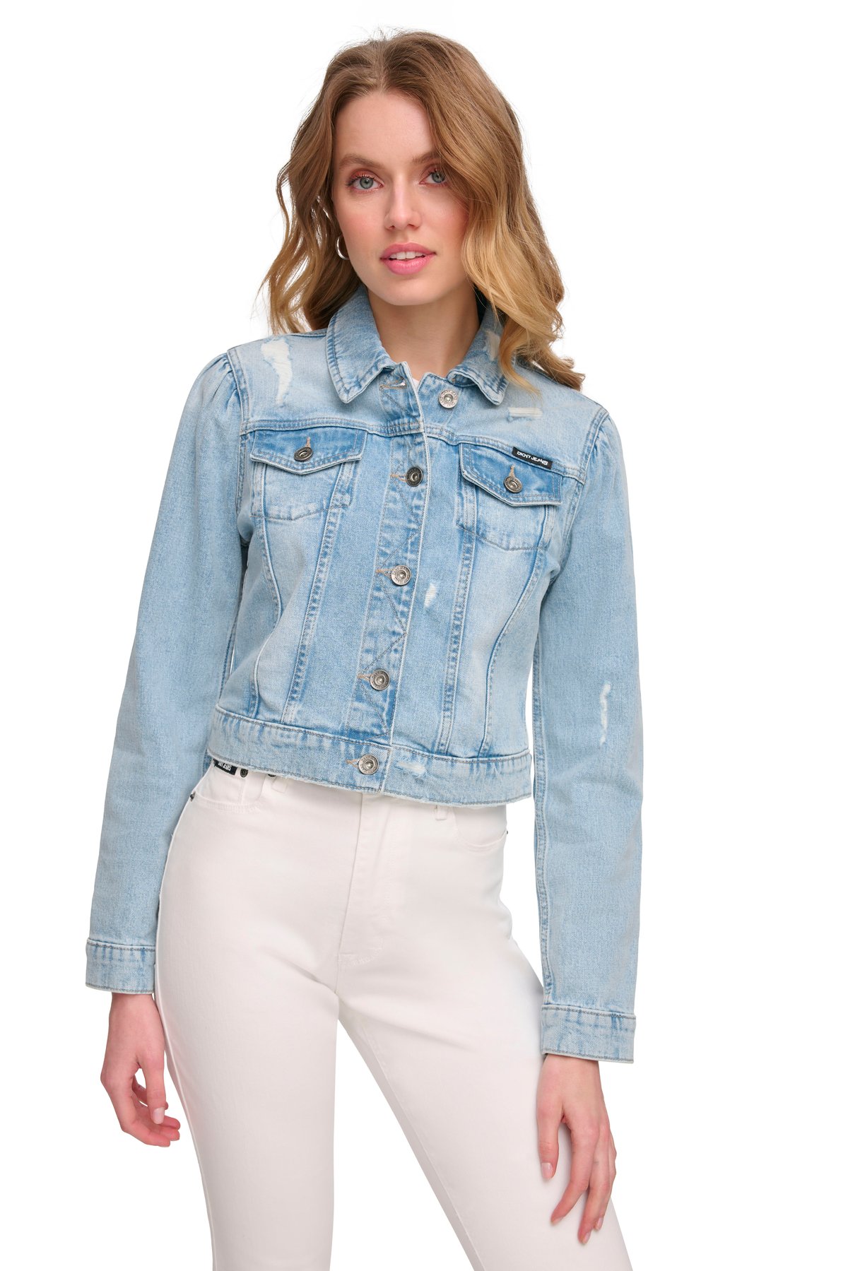 Medium Blue Washed Cropped Denim Jacket with Puff Sleeves