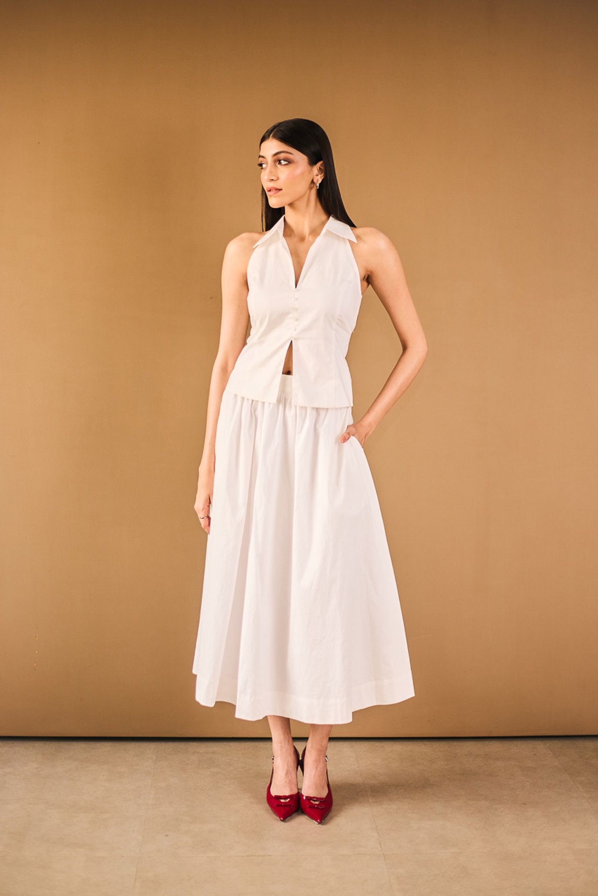 White Poplin A-Line Midi Skirt with Pockets