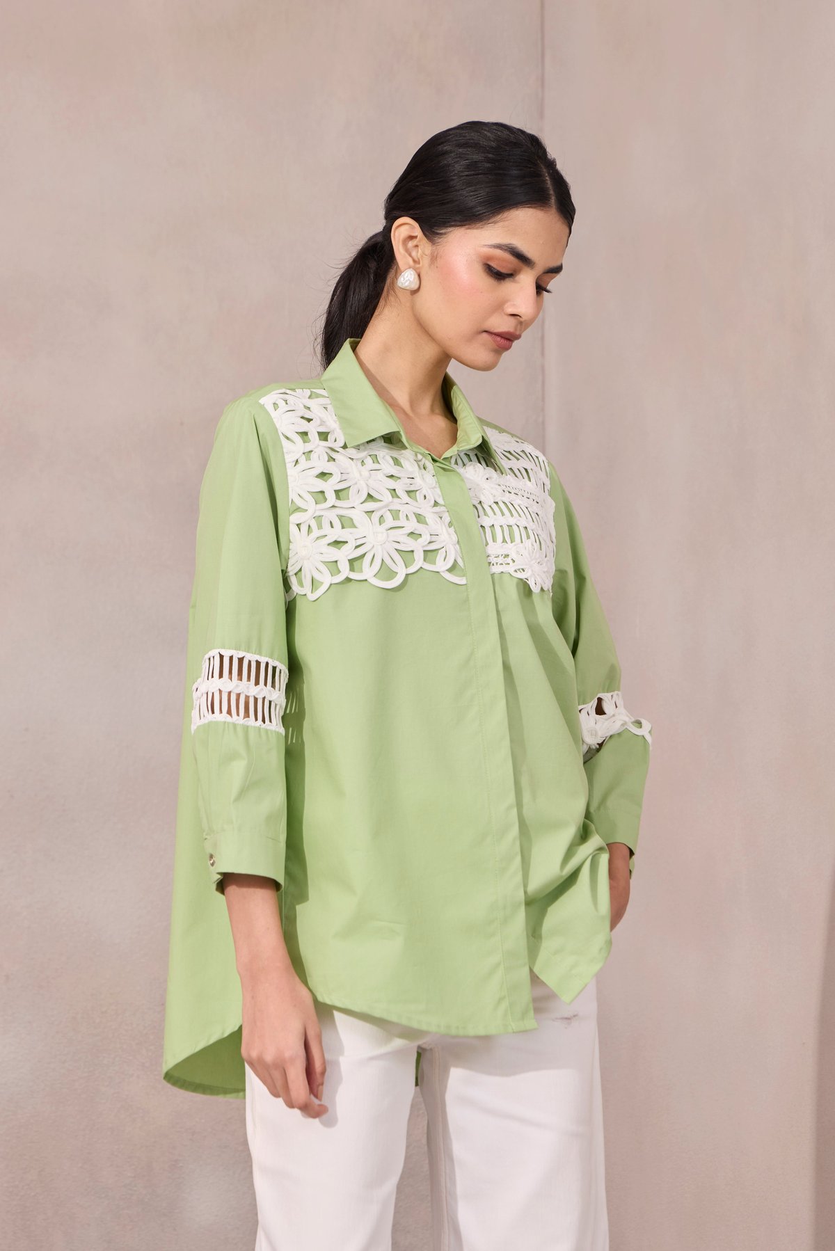 Foam Green Cotton Poplin Shirt with Lace Yoke