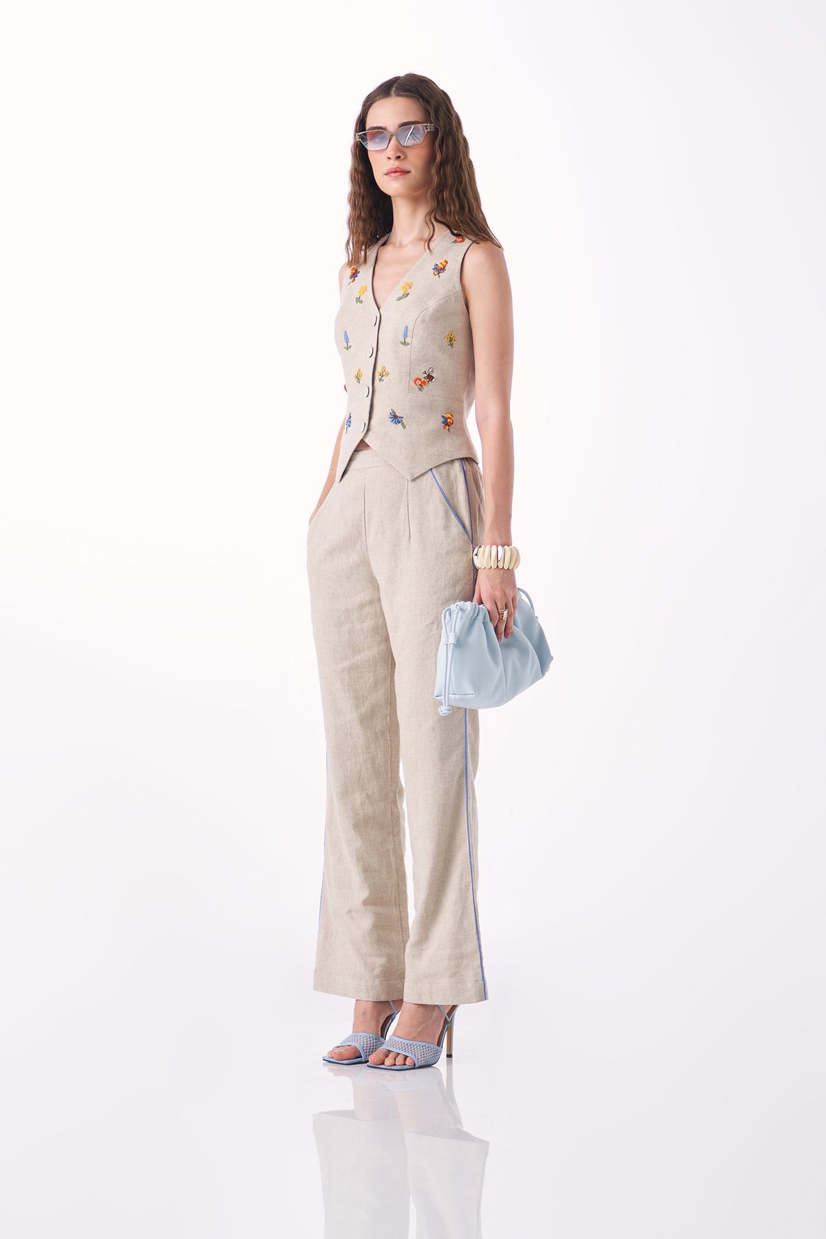 Neutral Linen Embroidered Waistcoat and Pants Co-ord Set