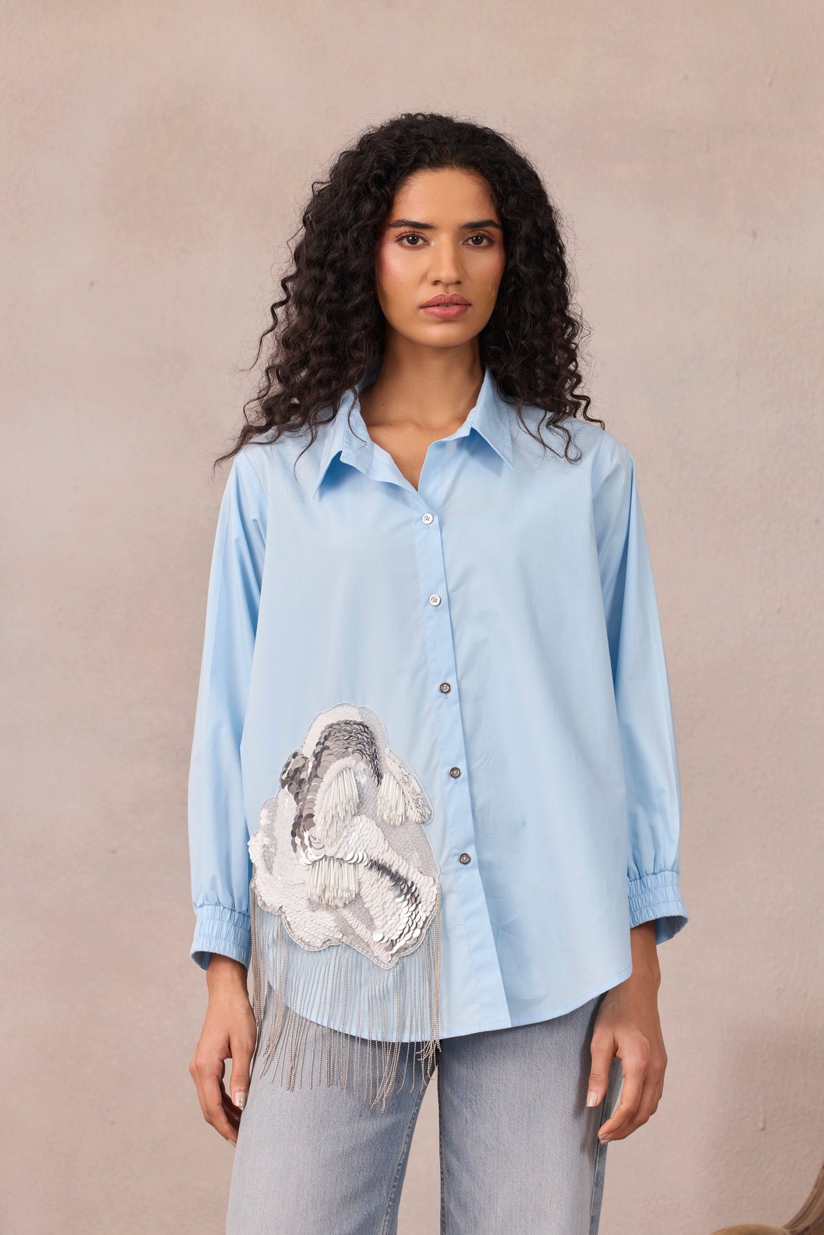Frost Blue Longline Applique Shirt