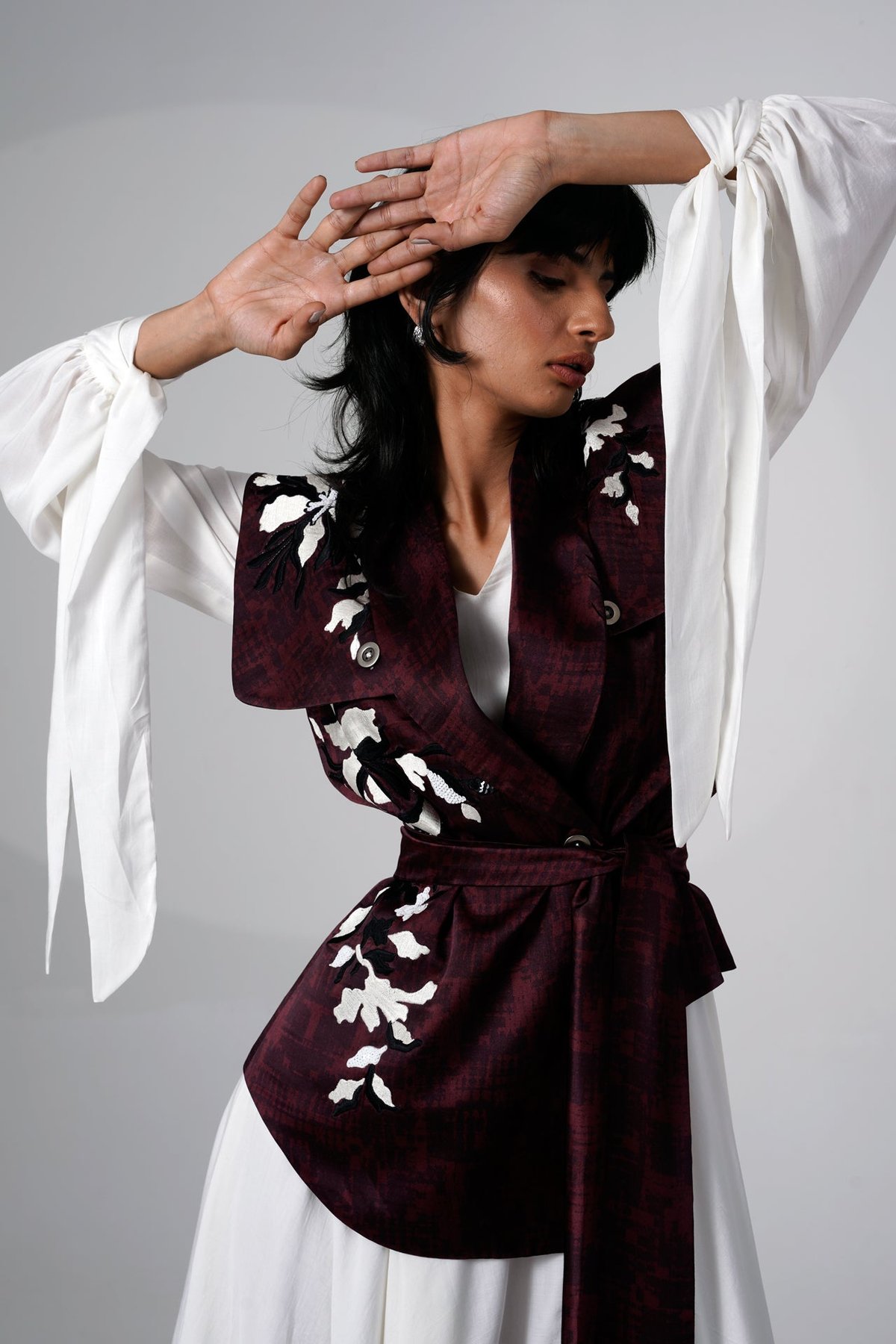 Maroon Printed Satin Safari Jacket with Belt
