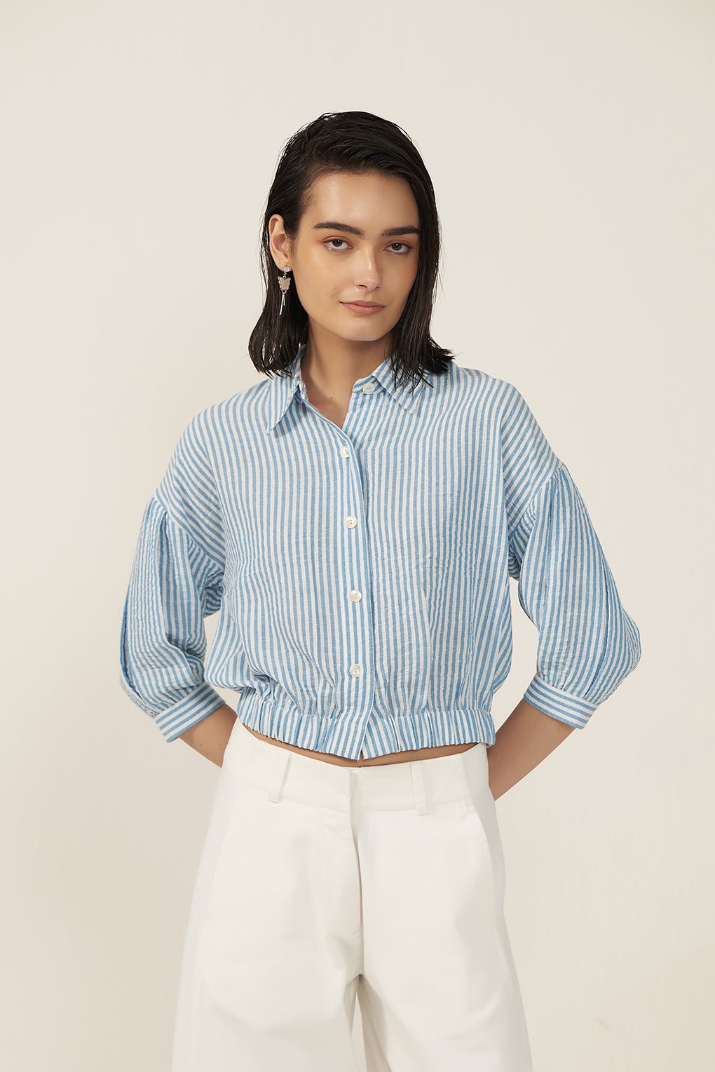 Blue and White Striped Seersucker Button-Down Top
