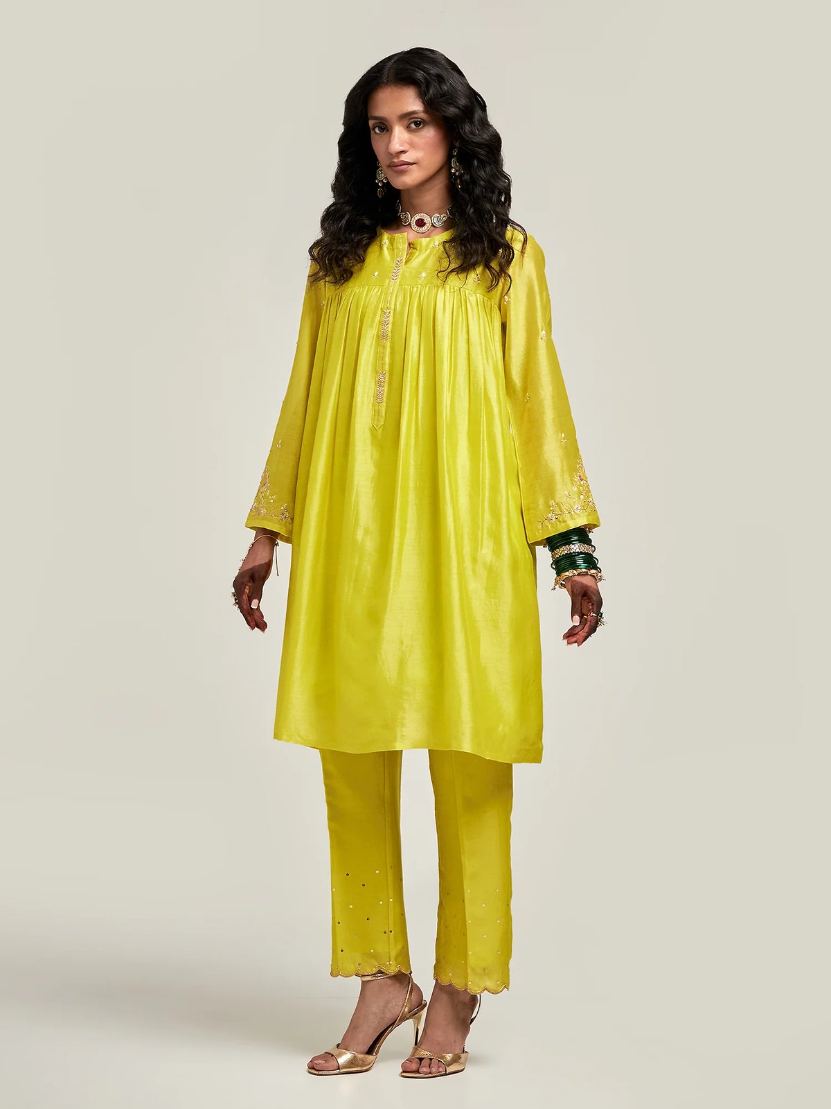 Lime Silk Chanderi Embroidered Yoke Short Kurta