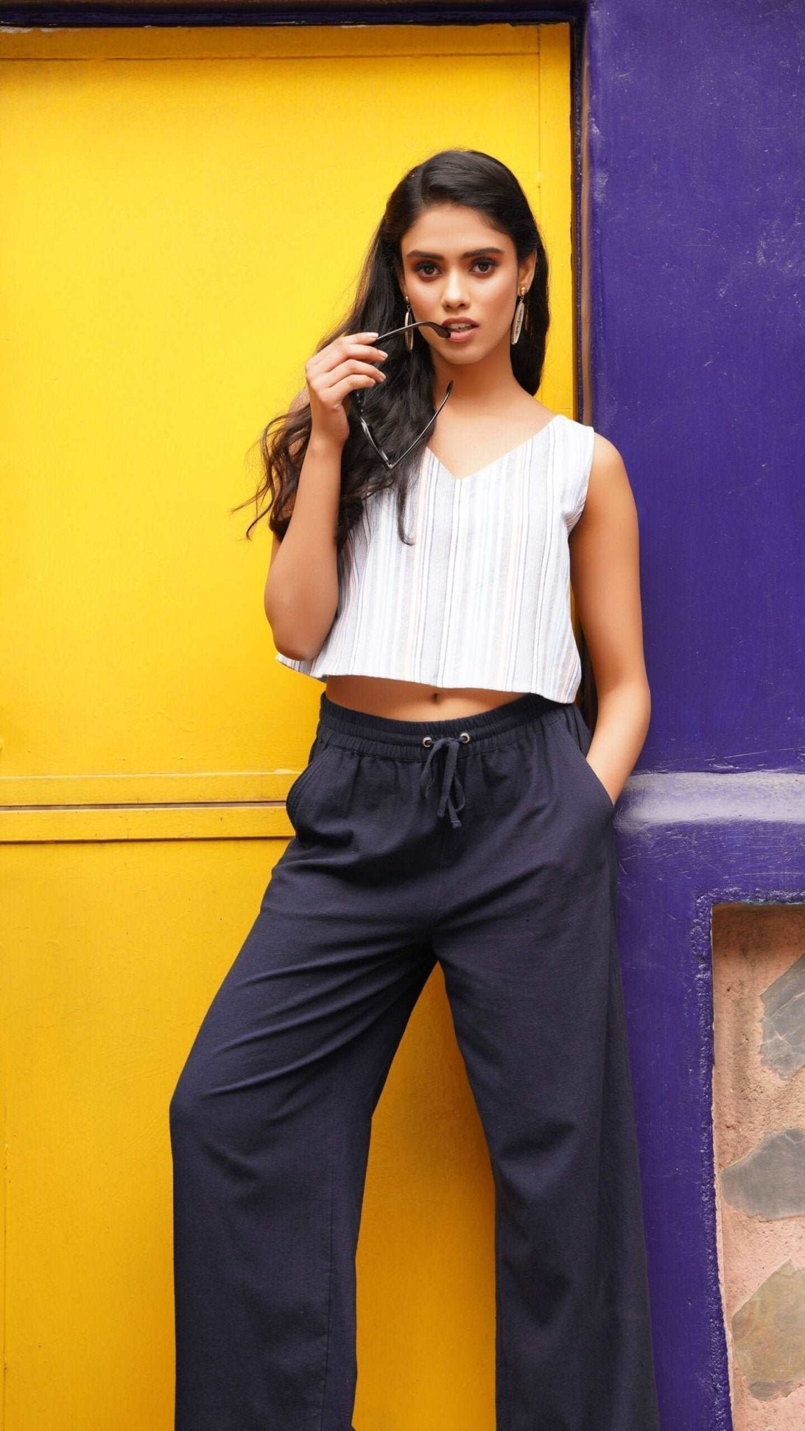 V Neck Blue Yarn Dyed Casual Top