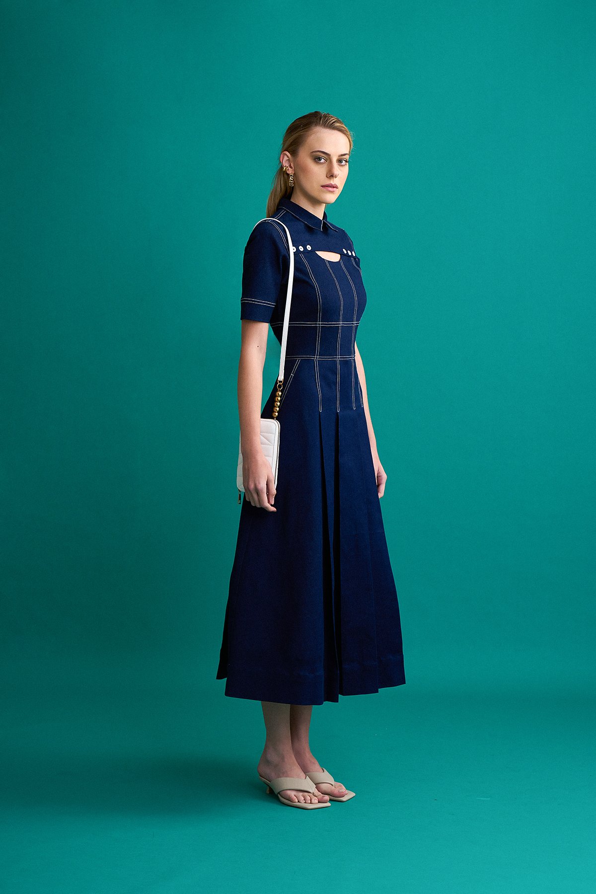 Navy Denim Fit and Flare Midi Dress with Cut-Out Neck