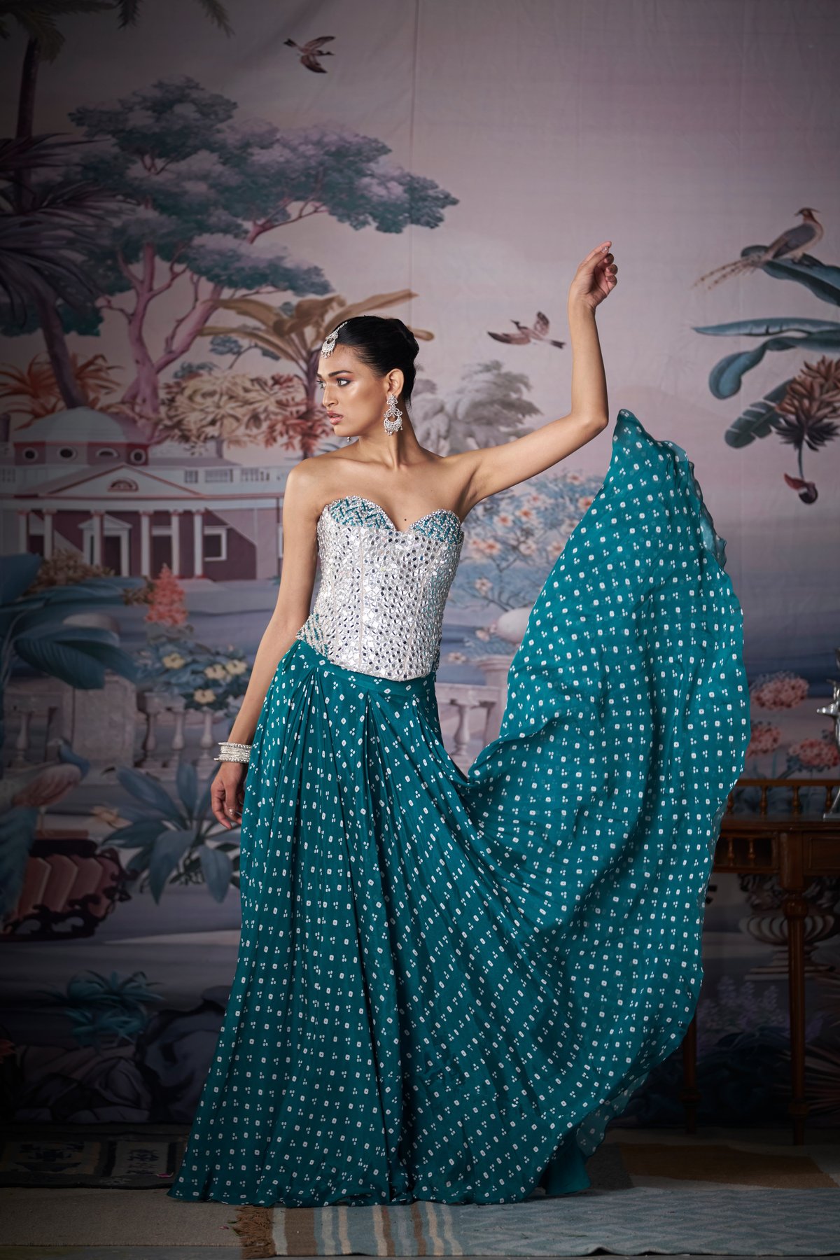 Green Mirror-Work Corset and Printed Maxi Skirt Set