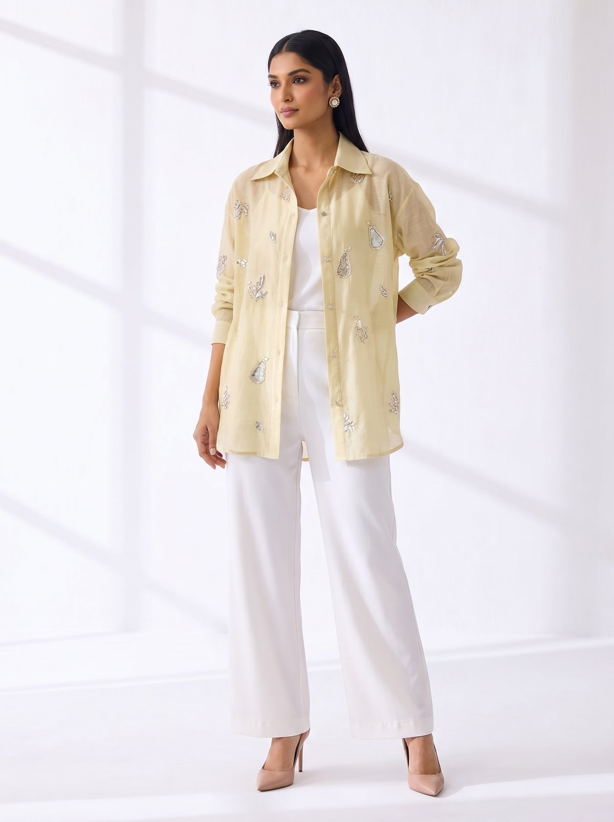 Lemon Longline Linen Shirt with Metallic Motif Detail