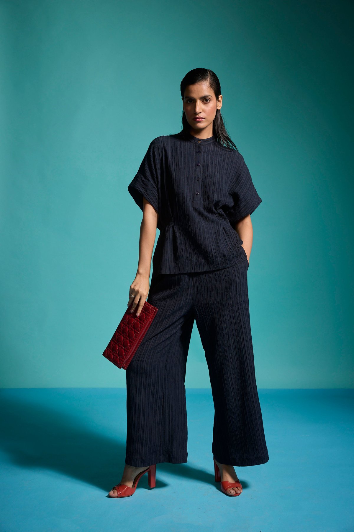 Navy Textured Crinkle Wide-Leg Trousers