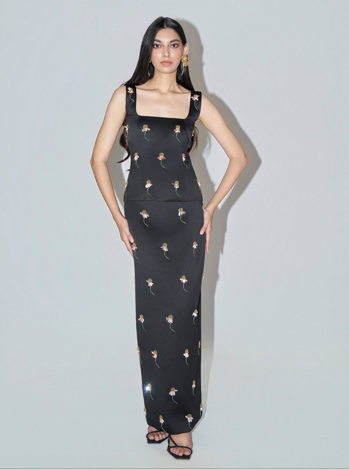 Black Square-Neck Embellished Top and Maxi Skirt Co-ord