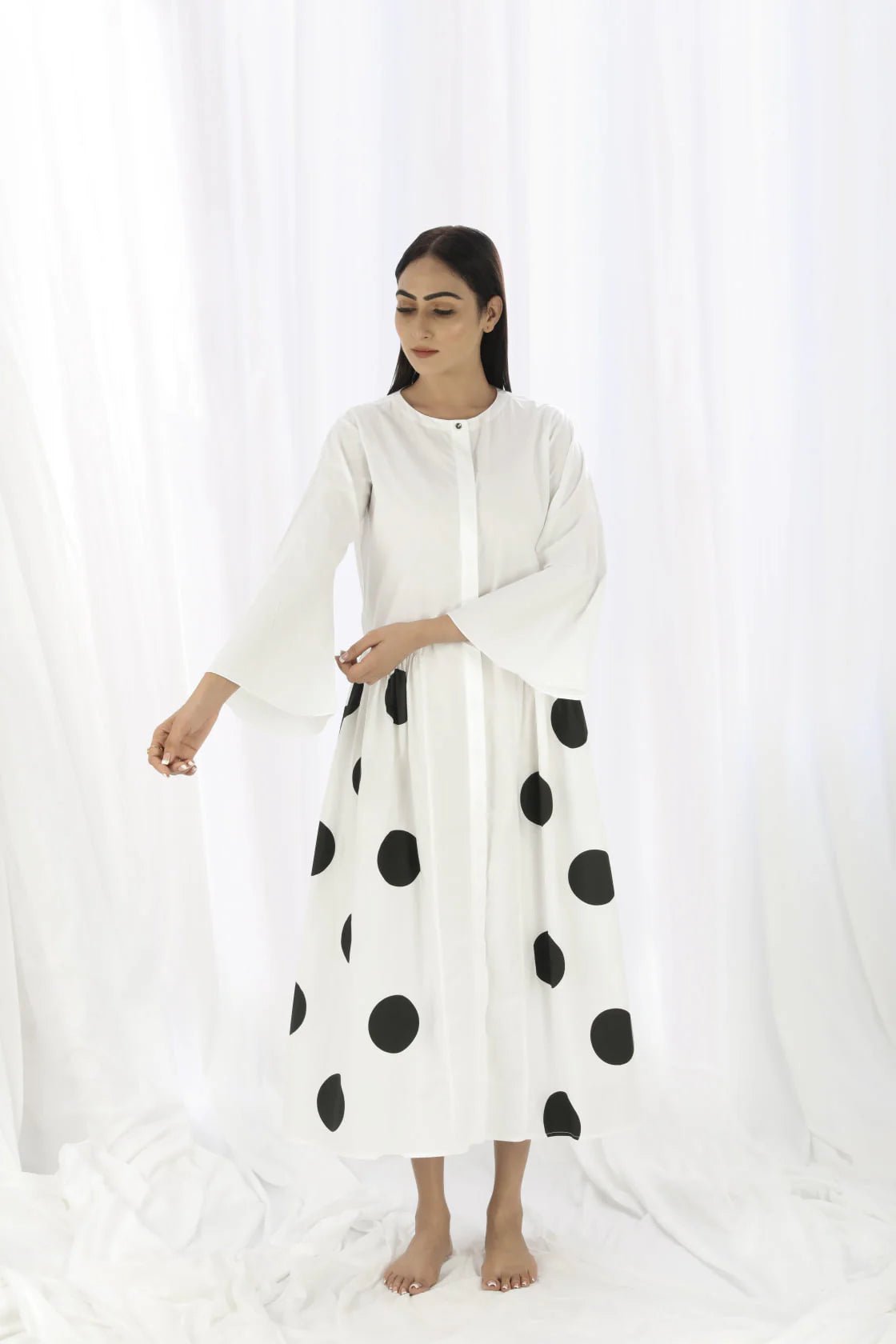 White and Black Polka Dot Button-Front Tiered Midi Dress