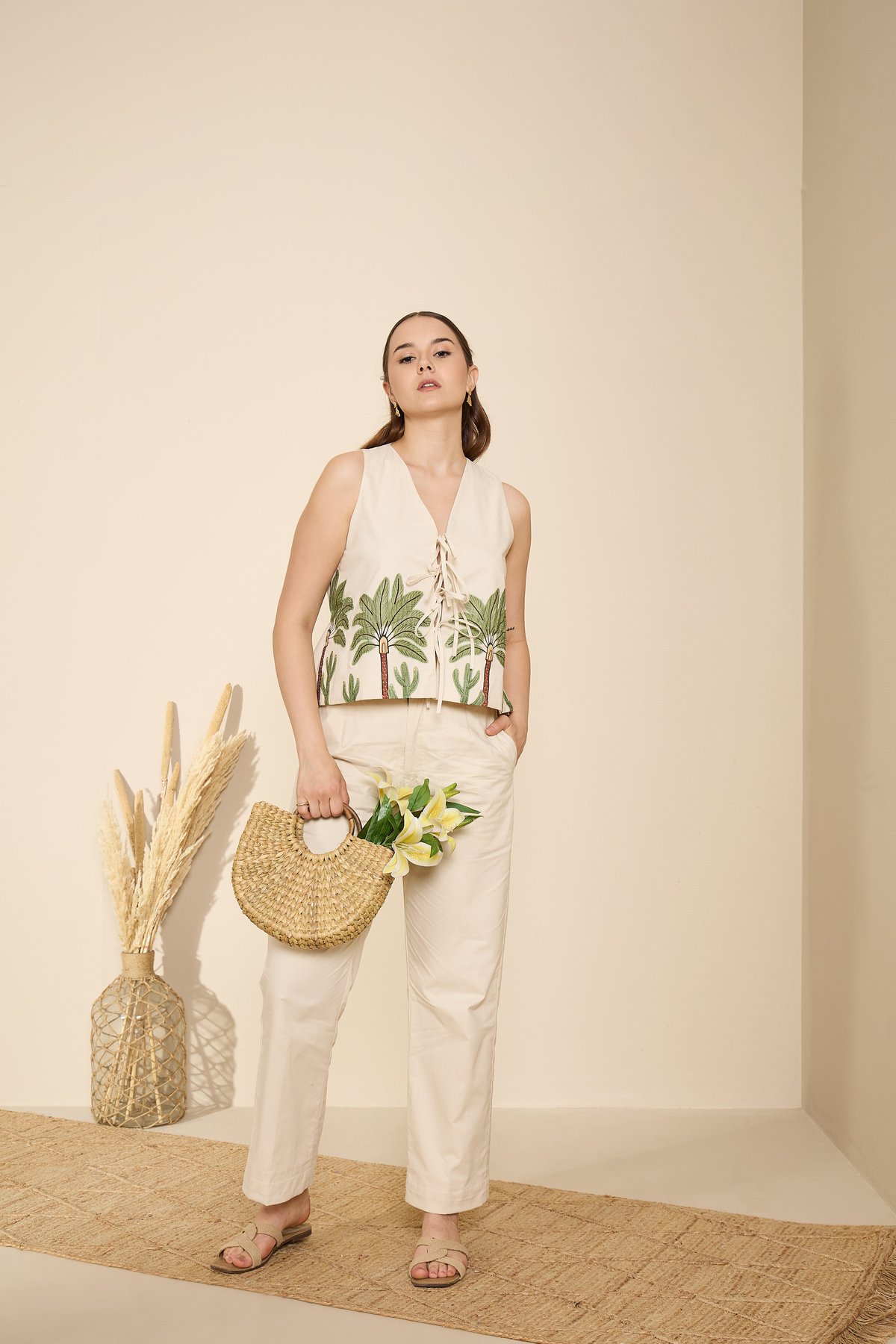 Cream Cotton Poplin Palm Applique Co-ord Set