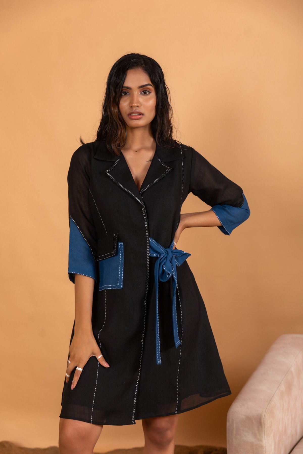 Black and Blue Colorblocked Linen-Blend Mini Shirt Dress