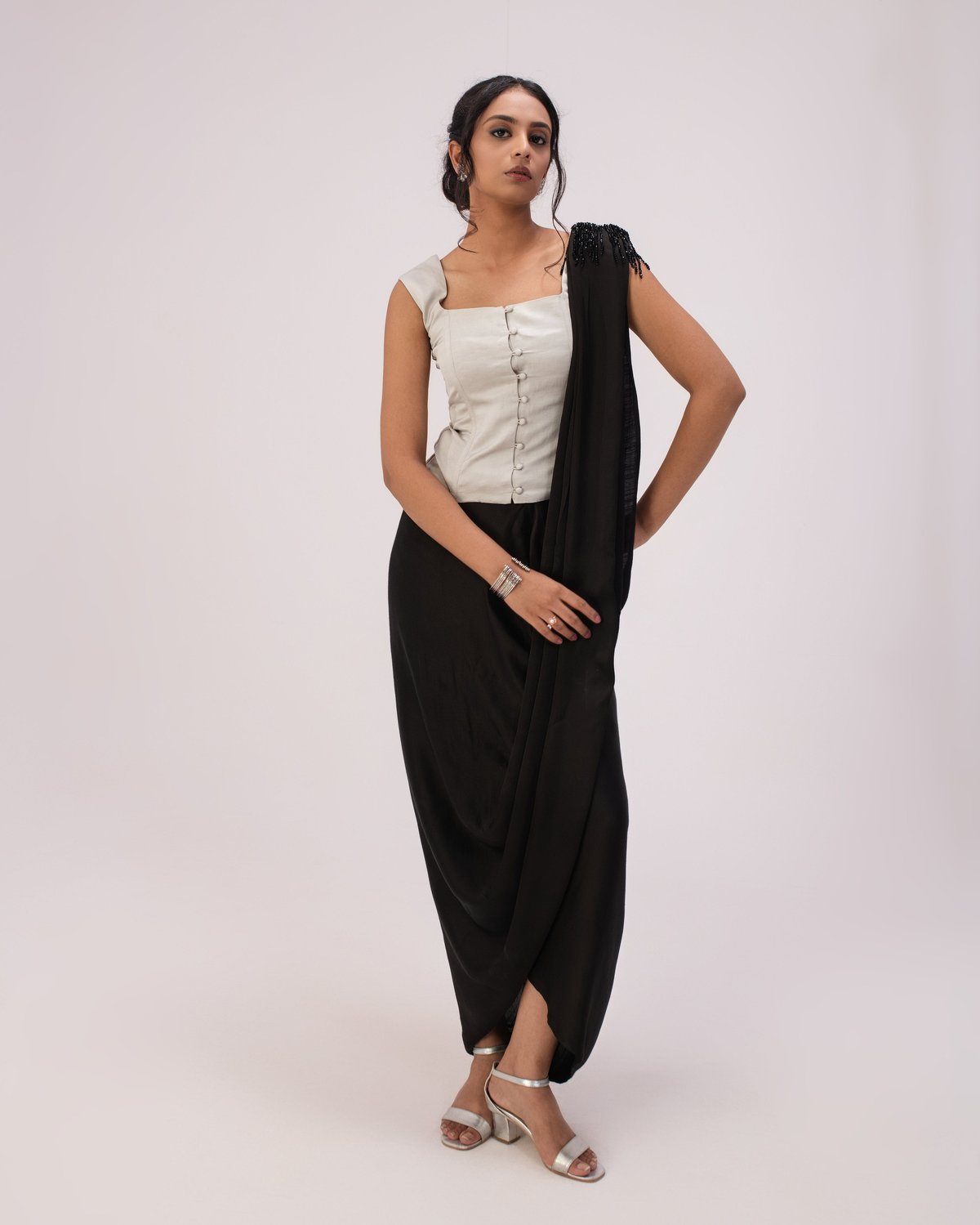 Grey Corset Top with Black Draped Maxi Skirt Co-ord Set
