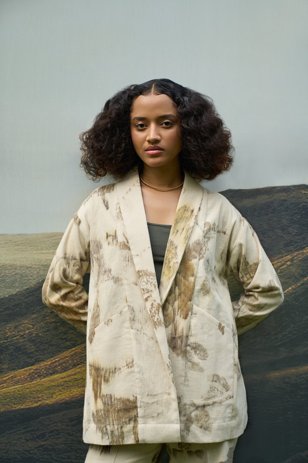 Beige Longline Corduroy Printed Overlay Blazer