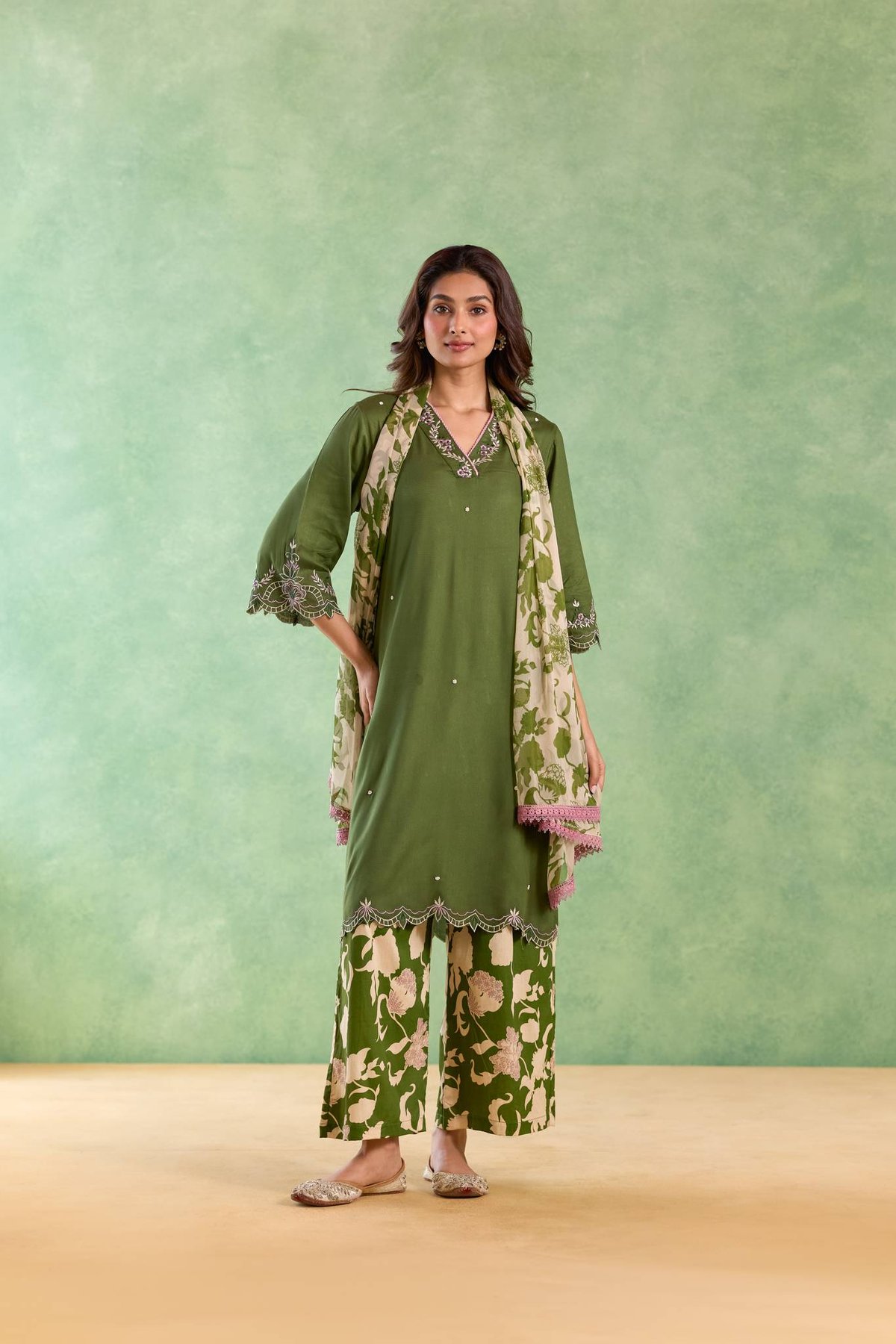Moss Petal Kurta, Pants and Dupatta - Set of 3