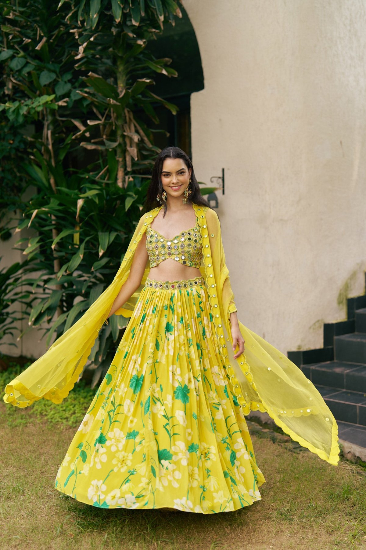 Yellow Floral Printed Mirror Work Lehenga Set