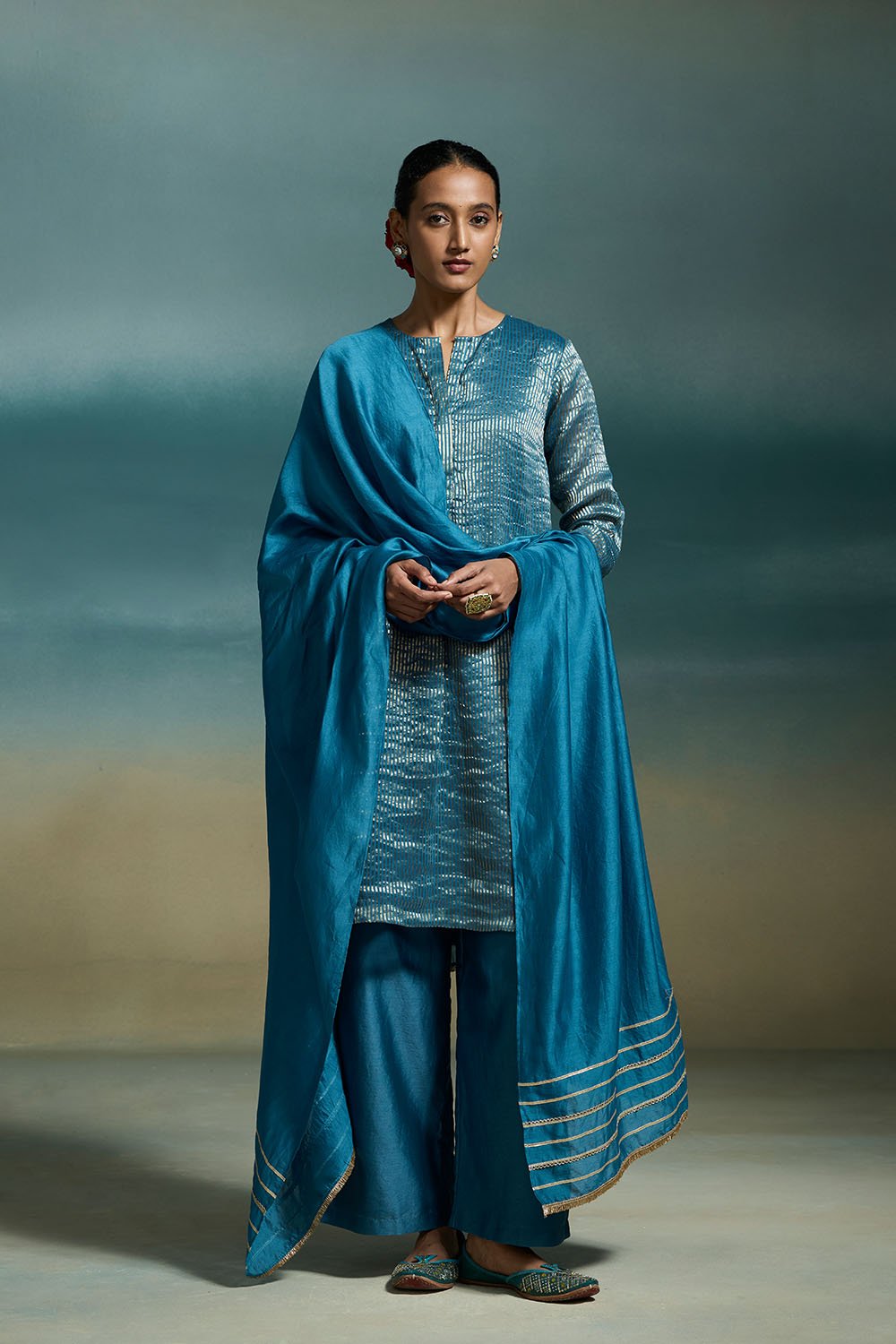 Teal Chanderi Zari Stripe A-Line Kurta Set
