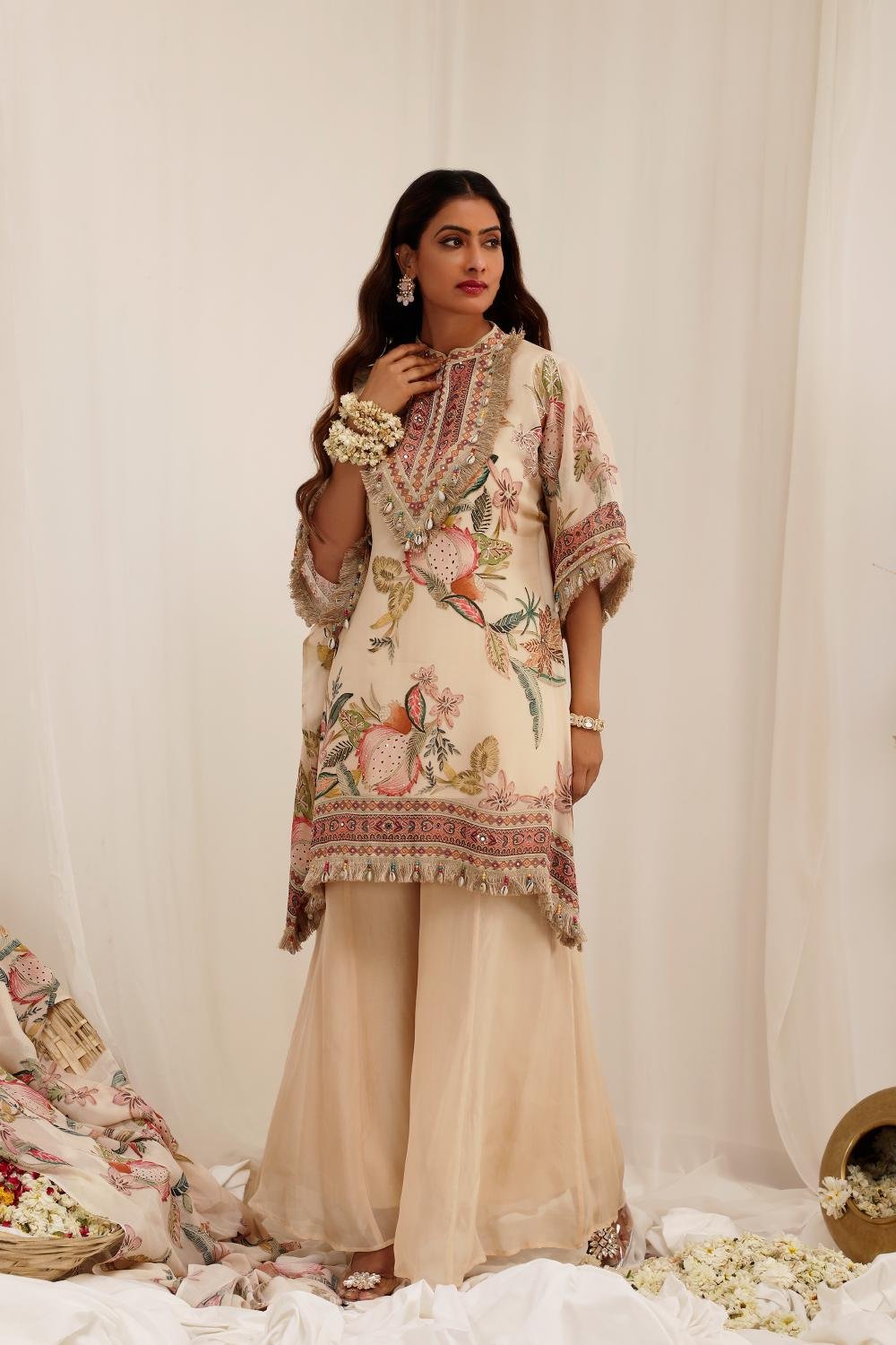 Pale Peach Floral Organza Kaftan Kurta Set with Palazzo