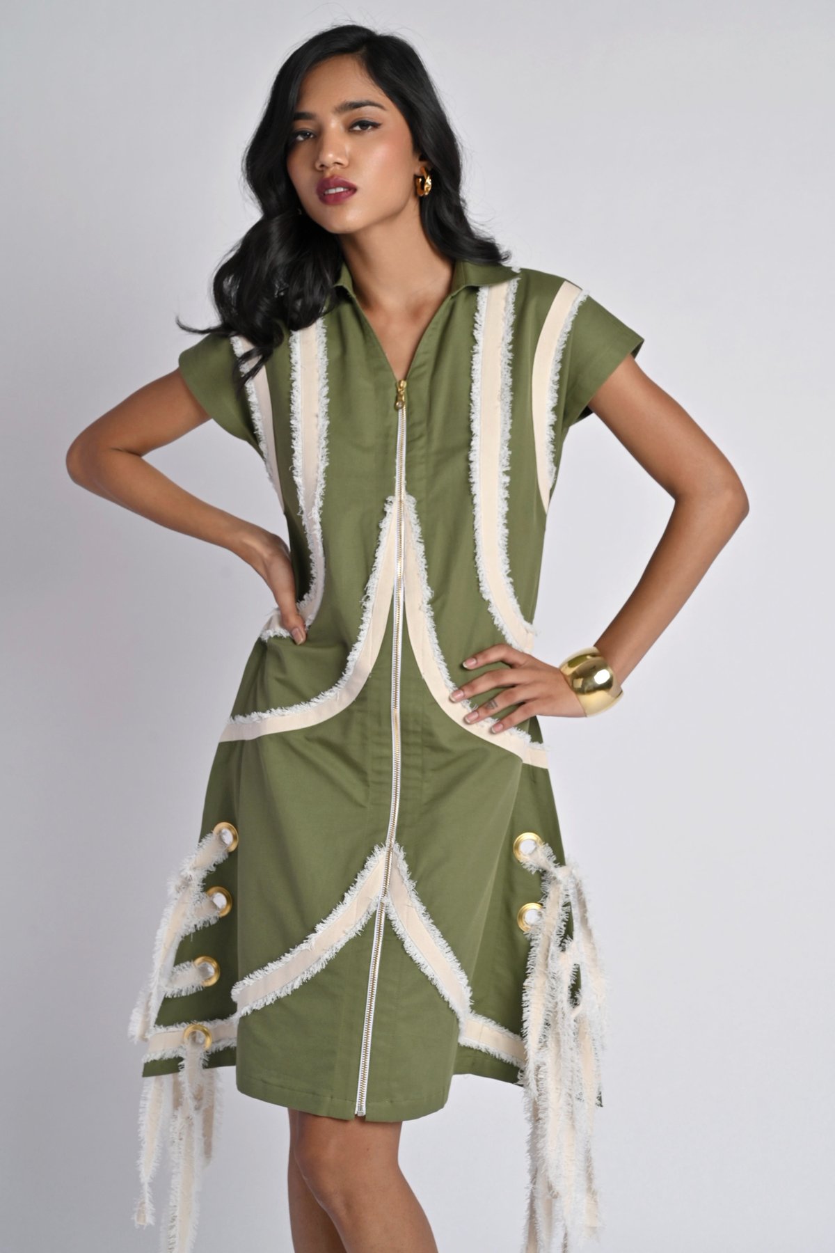 Olive Colorblocked Zip-Front Fringe Dress