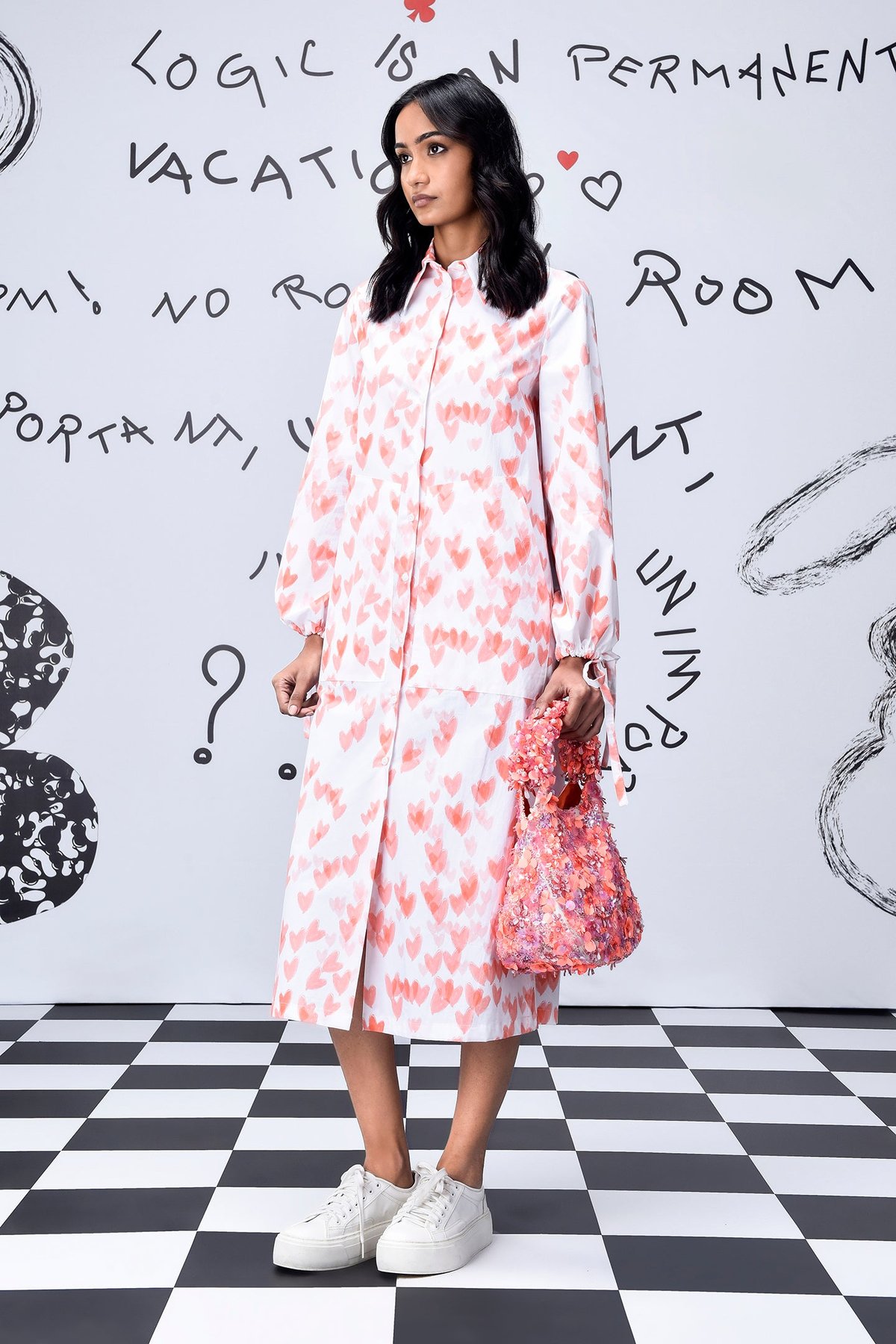 Coral Peach Heart Print Relaxed Fit Midi Shirt Dress