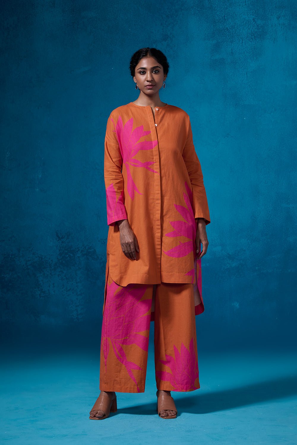 Orange Linen-Cotton Printed Kurta Set with Pants