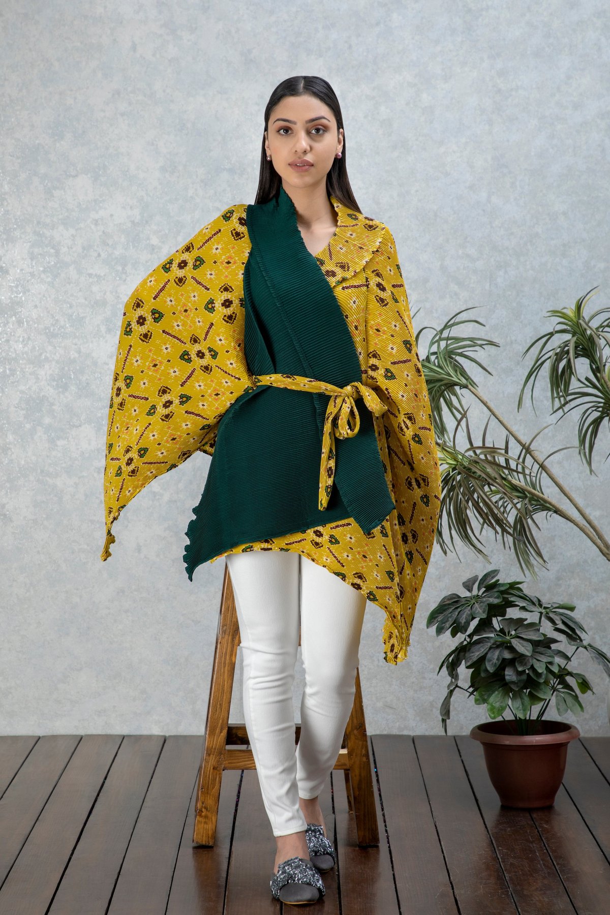 Ochre and Dark Green Printed Pleated Cape Overlay