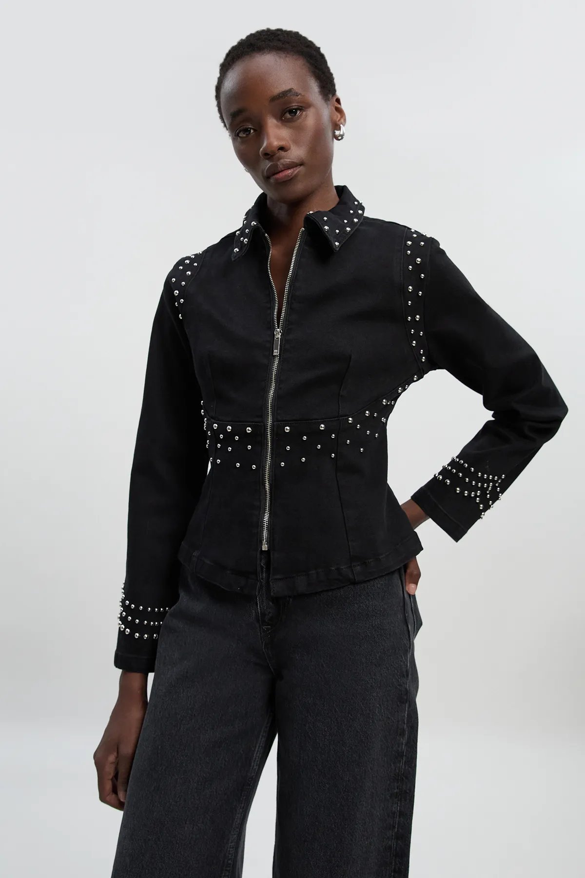 Black Studded Zip-Up Collared Jacket