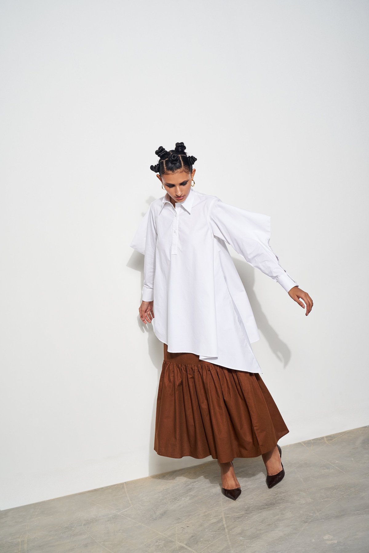 White Cotton Satin Longline Relaxed Fit Shirt