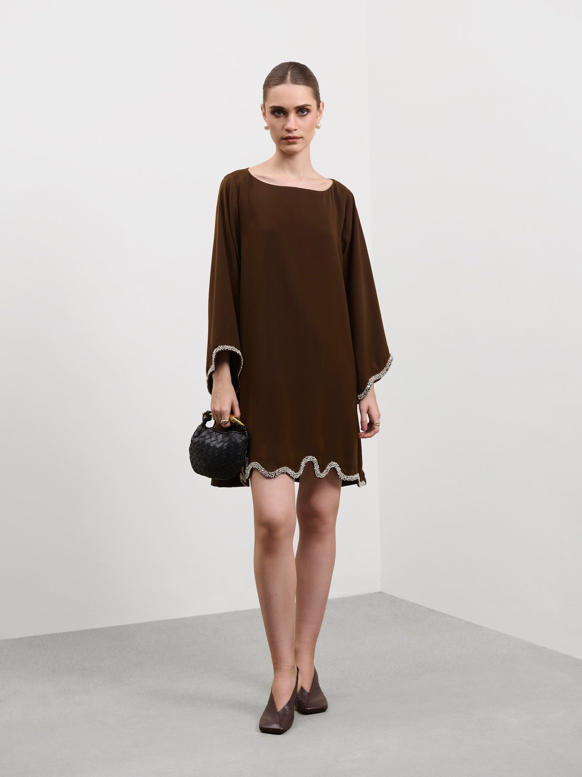 Mocha Brown Mini Shift Dress with Rhinestone Trim
