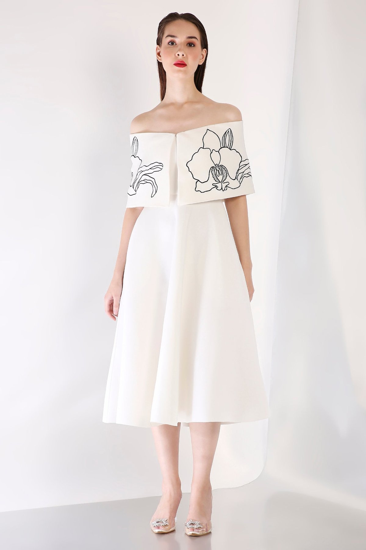 Off White Strapless Fit and Flare Midi Dress with Wrap