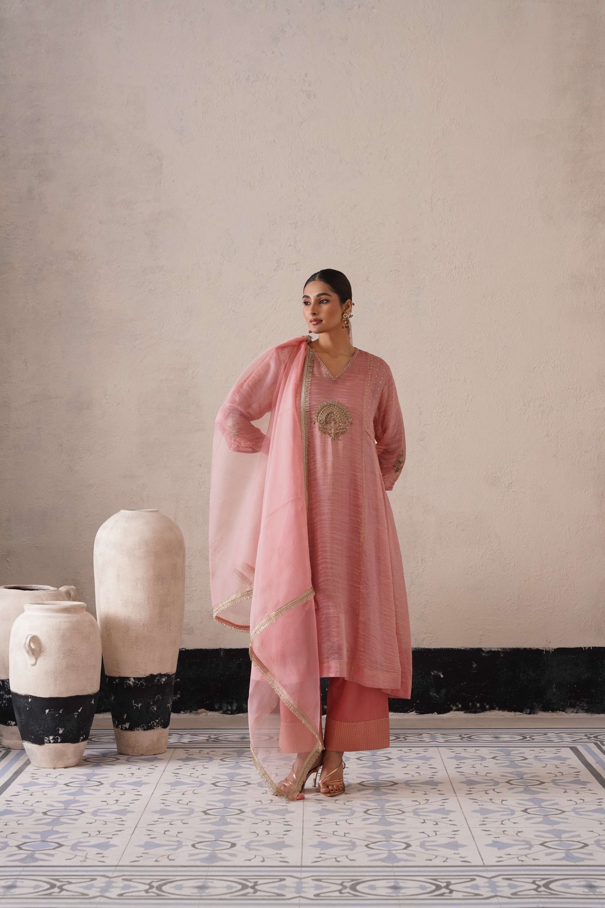 Blush Apricot A-Line Zardozi Kurta Set with Dupatta