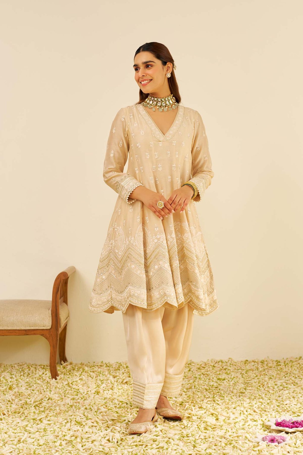 Beige Chanderi Silk Short Anarkali Kurta Set