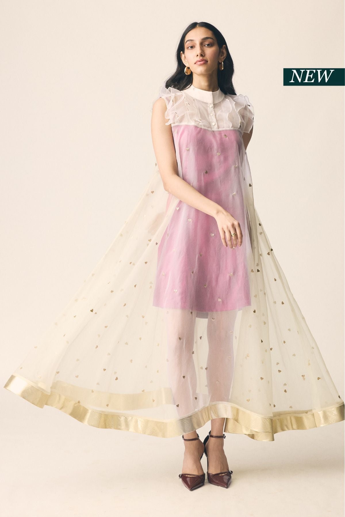 Sangria Pink Layered Organza Maxi Dress with Gota Border