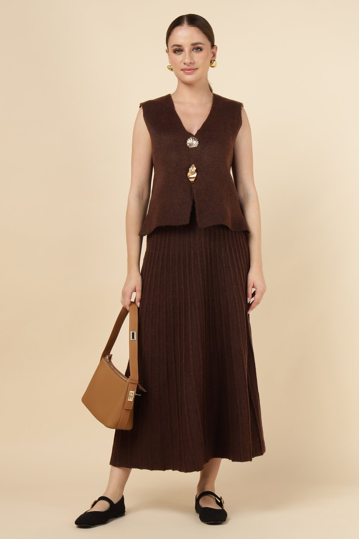 Dark Brown Knit Top and Midi Skirt Co-ord Set