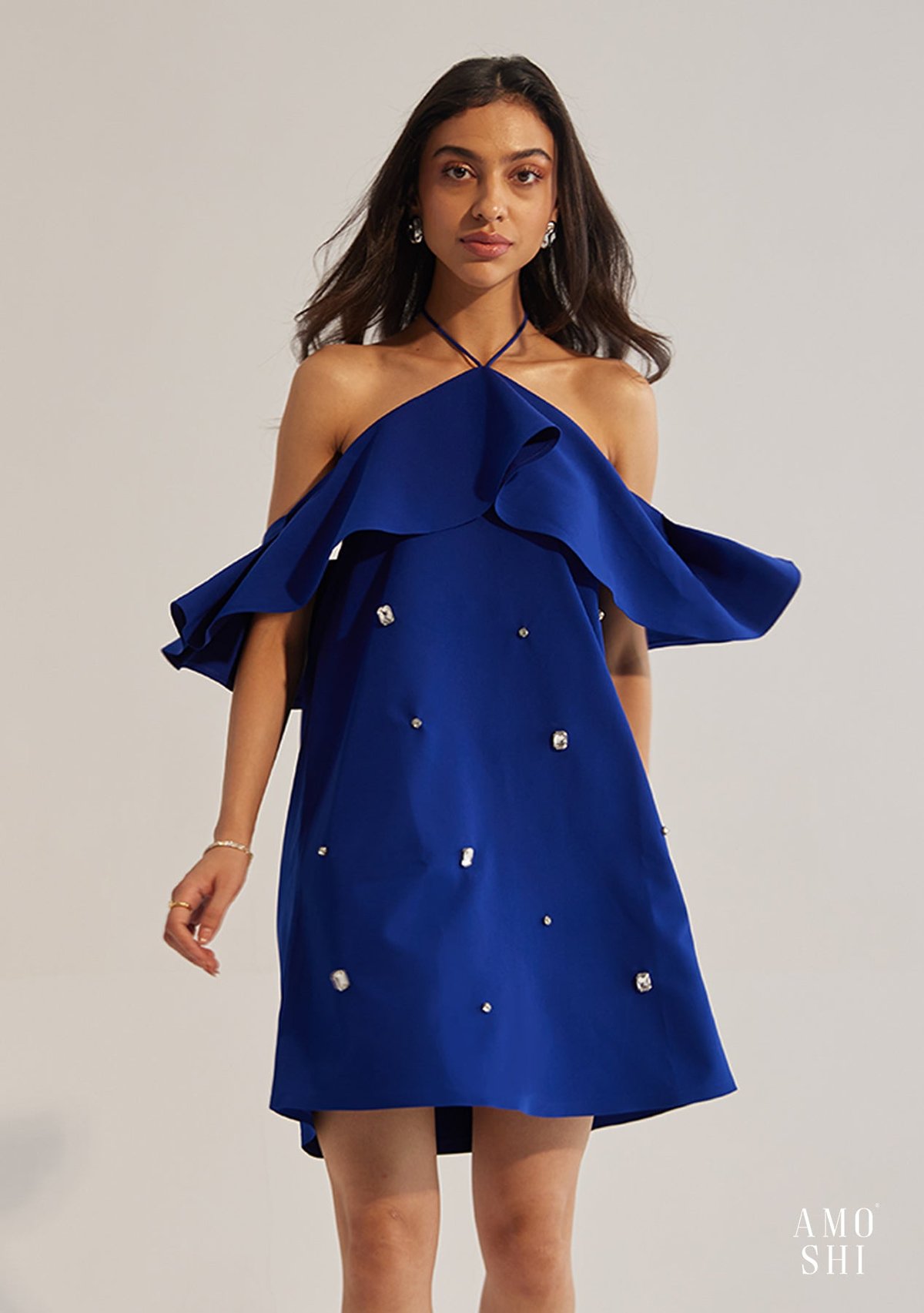 Blue Halter Ruffle Mini Dress with Rhinestone Embellishment