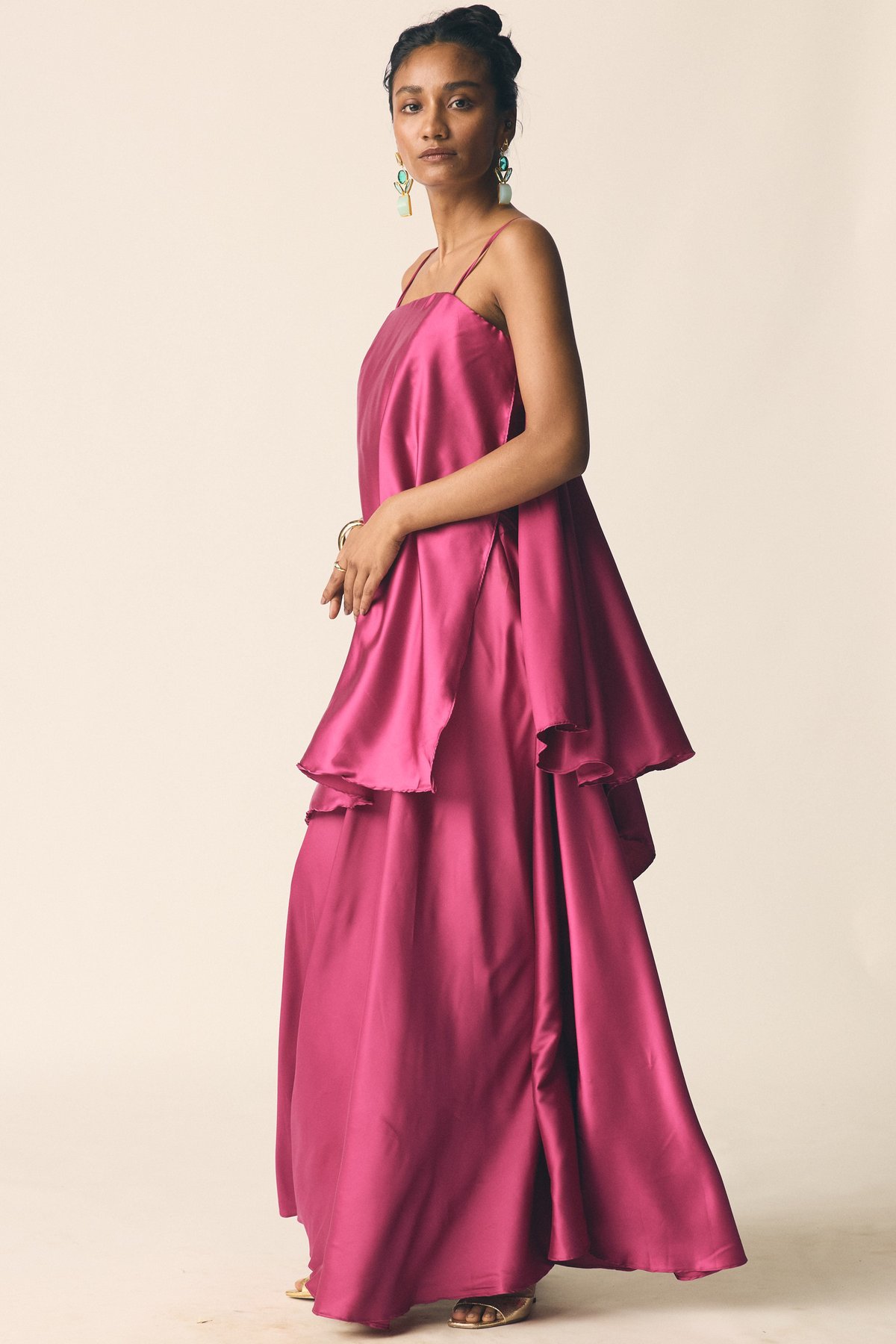 Pink Satin Square-Neck Top and Maxi Skirt Co-ord Set