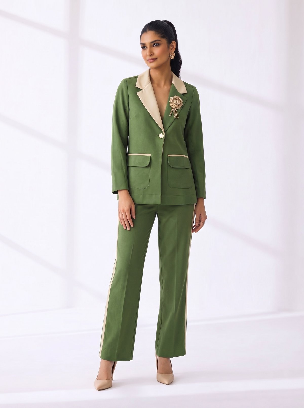 Olive Green Blazer and Wide-Leg Pants Co-ord Set