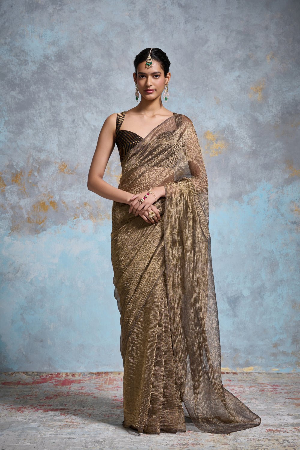 Black Metallic Crinkle Tissue Saree with Gold Zari