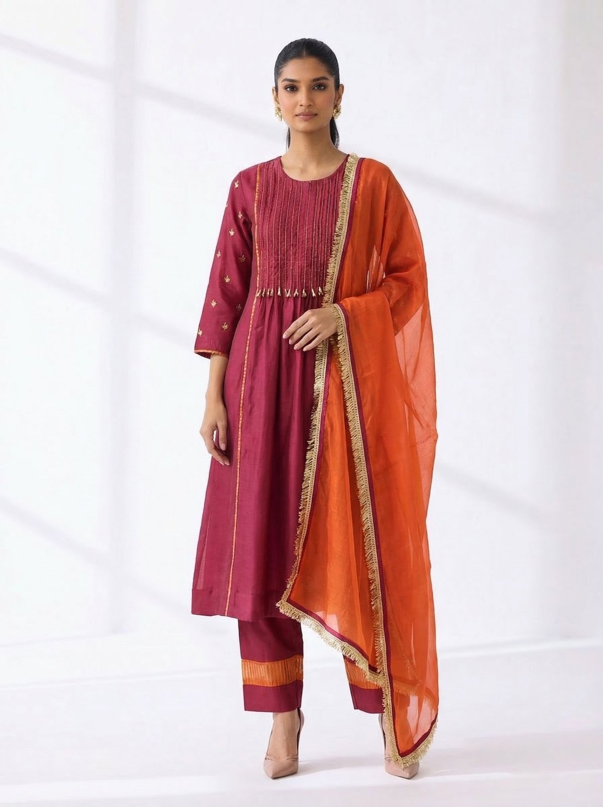 Maroon Flared Kurta Pant Set with Orange Dupatta