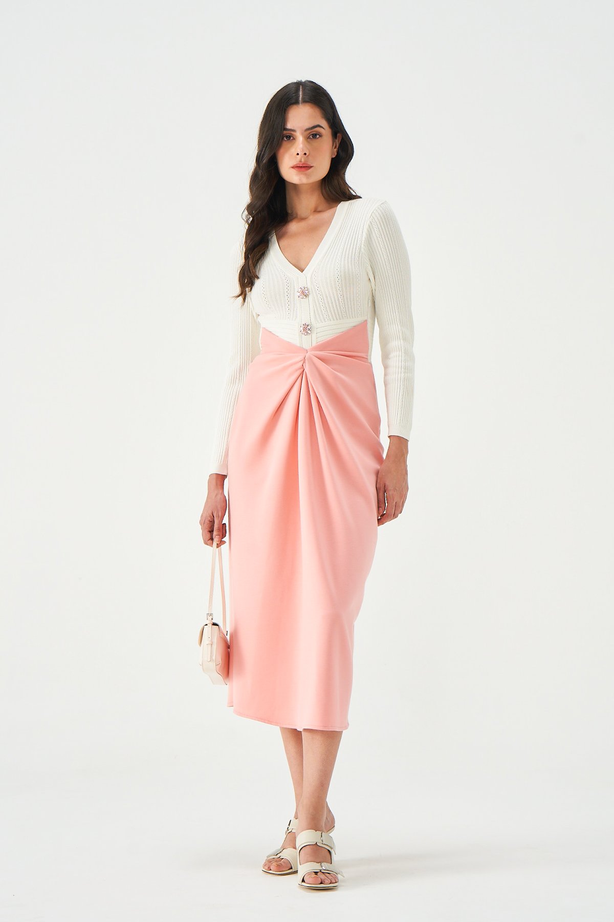 White/Pink Colorblocked Rib-Knit Ruched Midi Dress