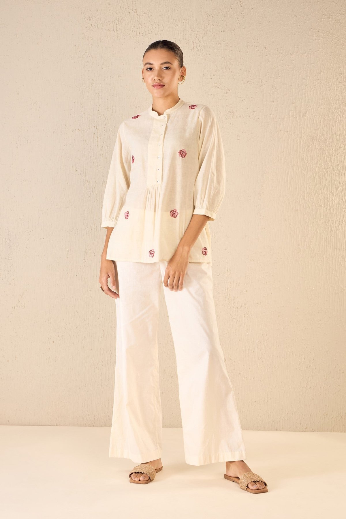 Rose Melody: Ivory Bold Placket Co-Ord Set