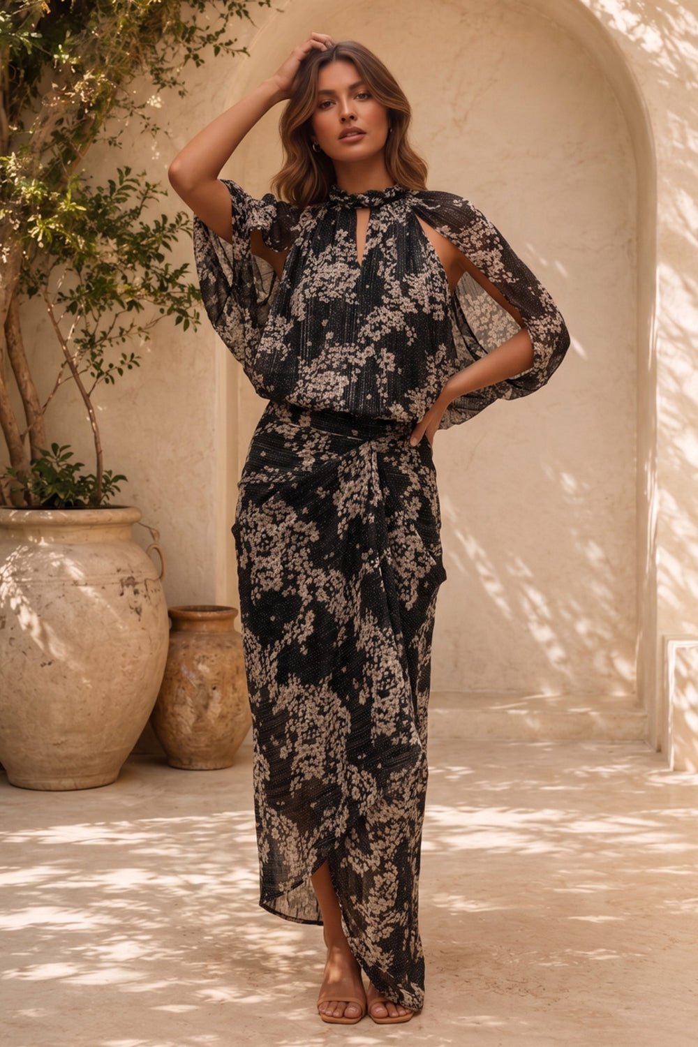Rich Black Floral Georgette Blouse and Midi Skirt Co-ord Set